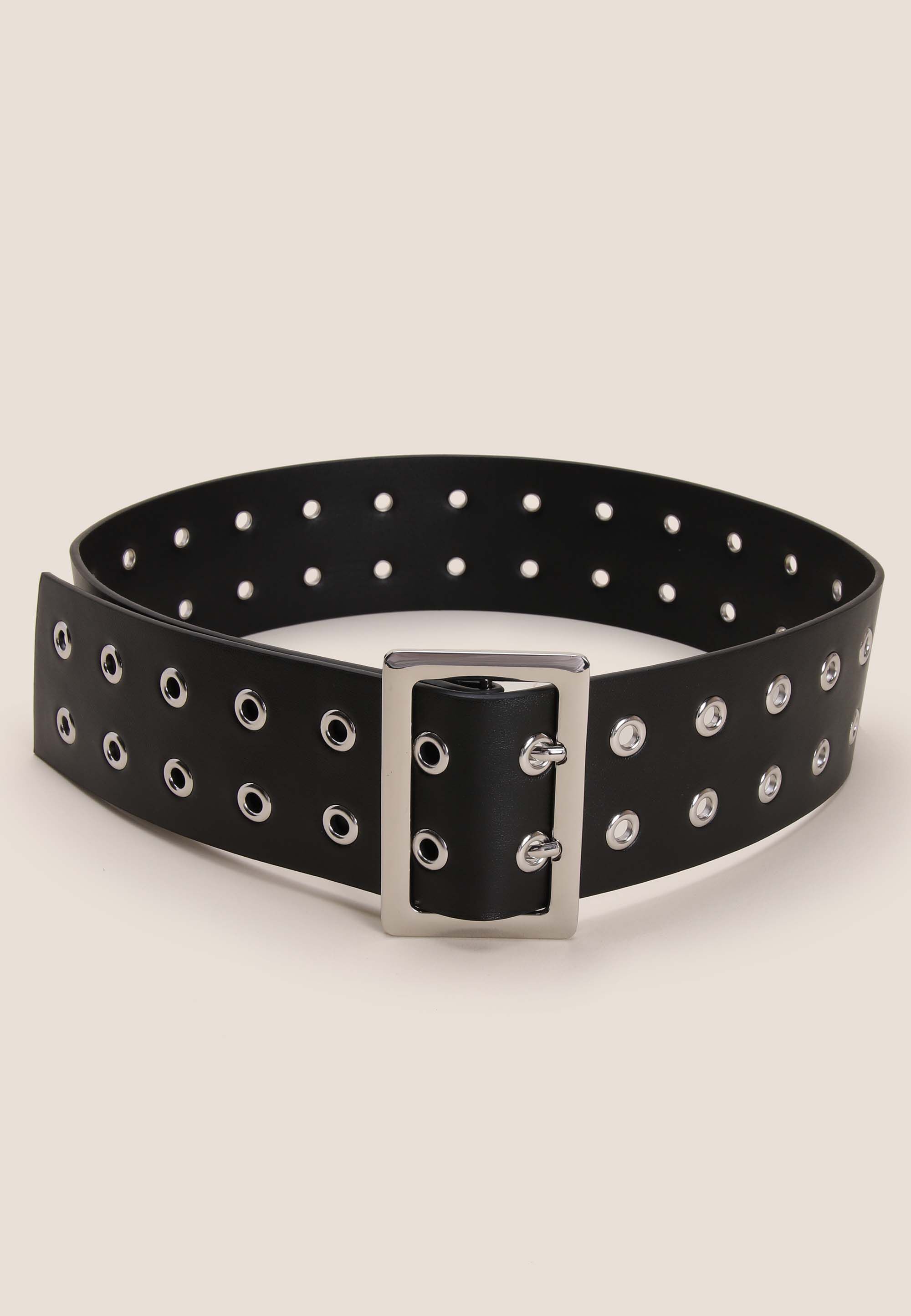 Womens Black & Silver Wide Eyelet Belt