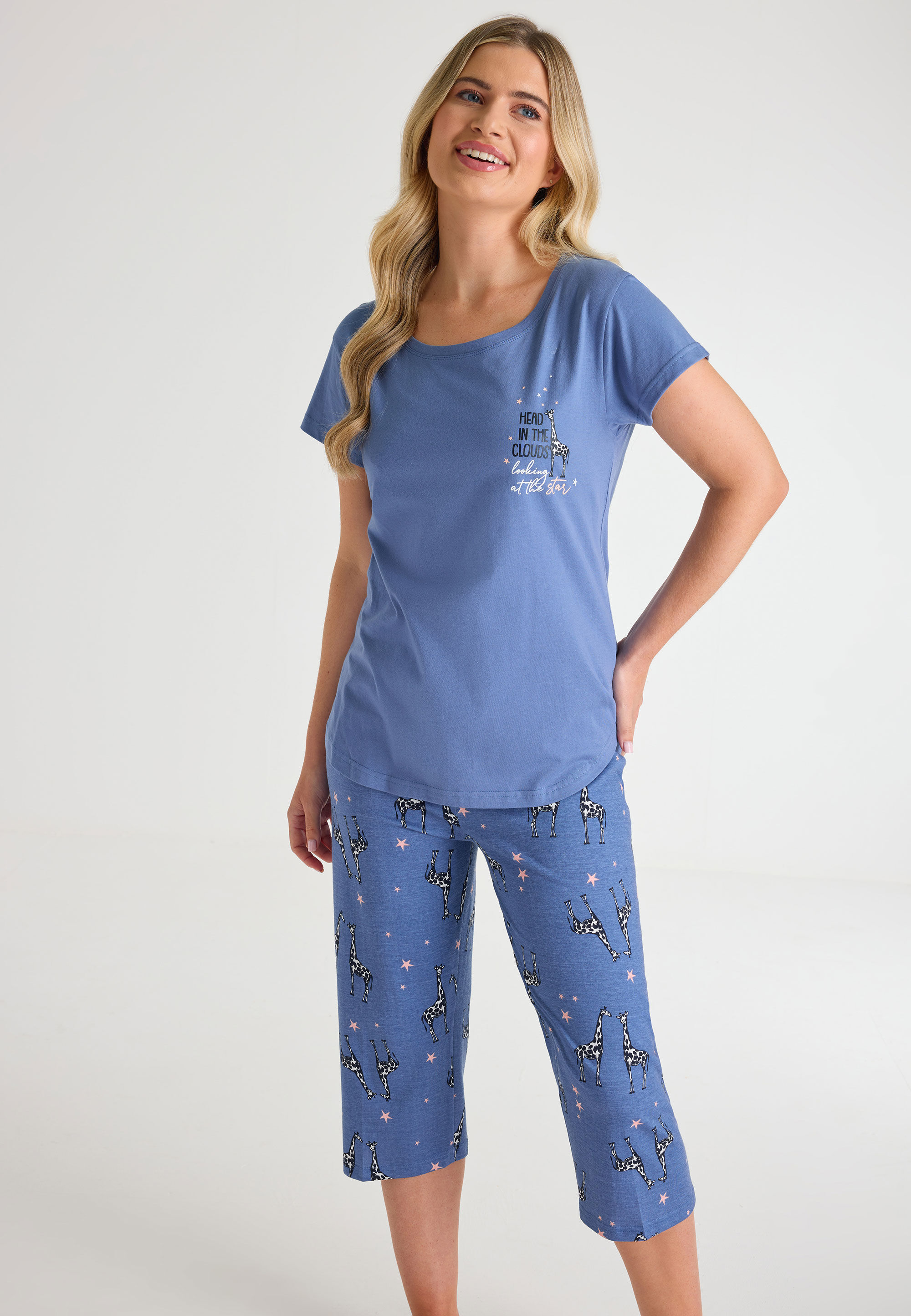 Womens Mid Blue Giraffe Print Pyjamas Set