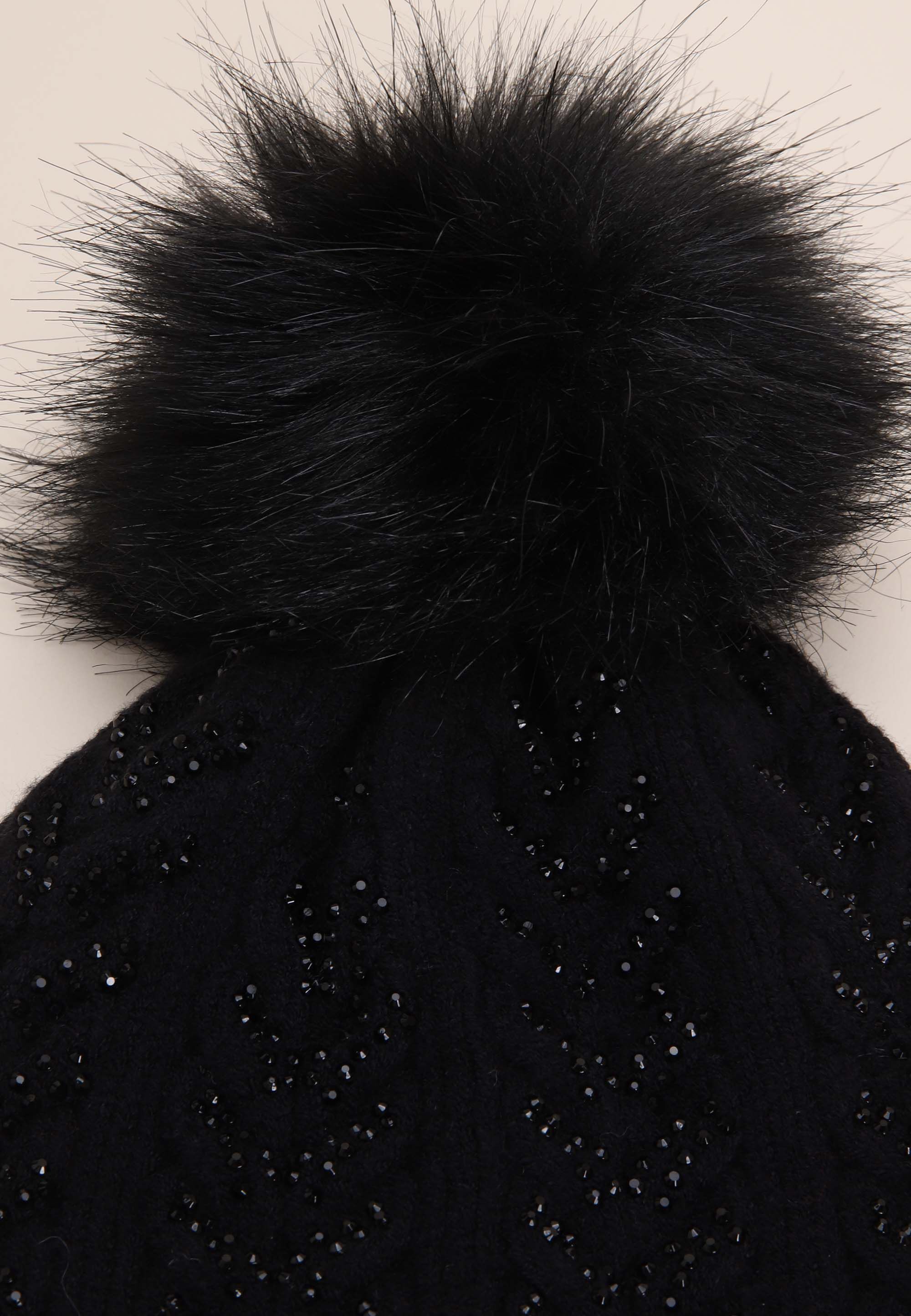 Womens Black Diamante Bobble Beanie Hat
