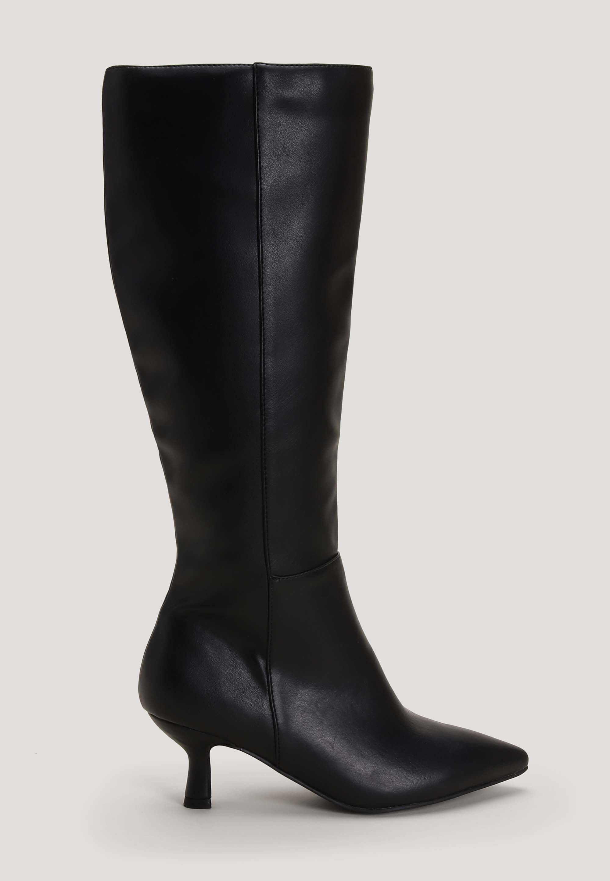 Womens Black PU Knee High Pointed Kitten Heel Boots