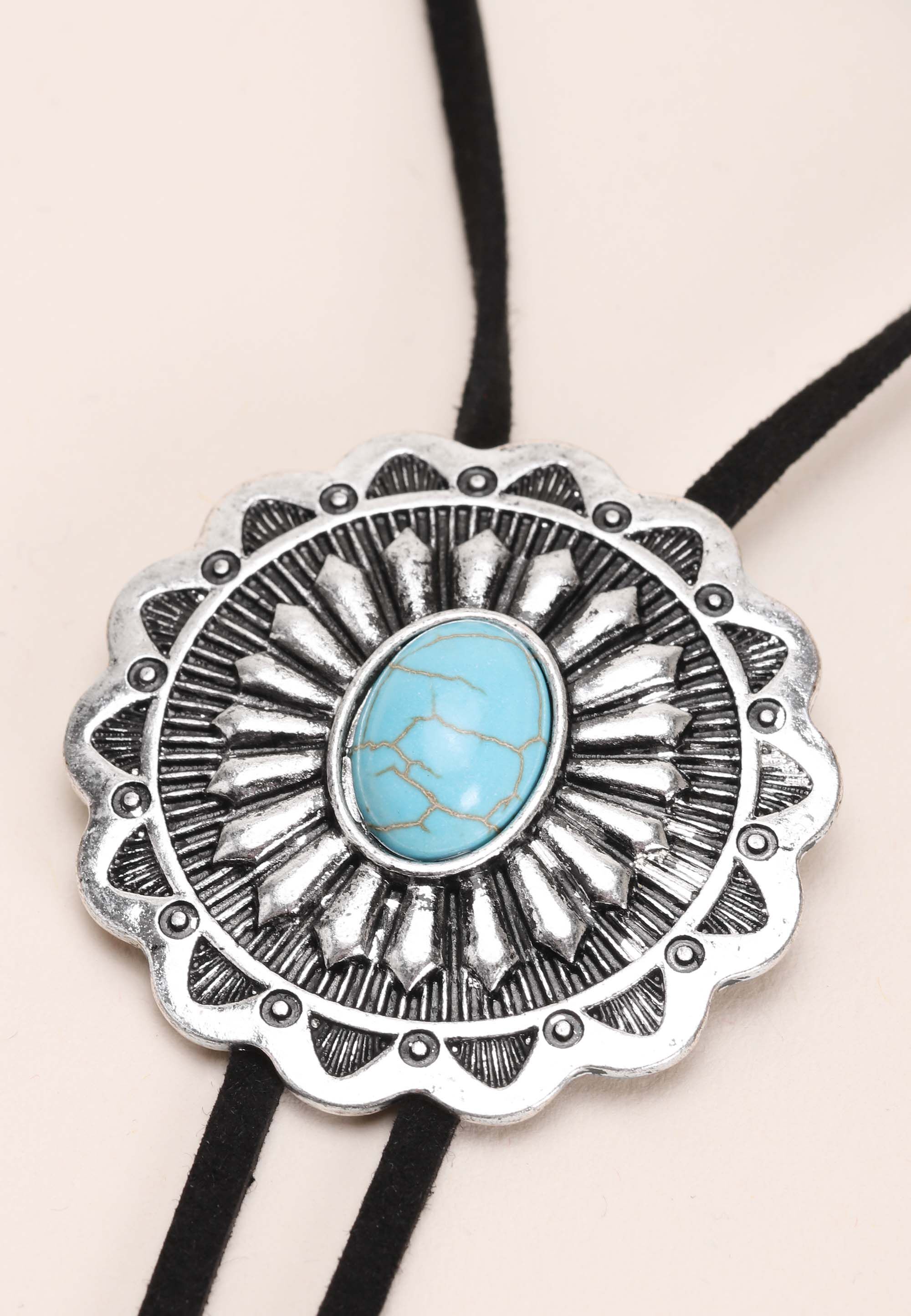 Womens Turquoise Bolo Tie Cord Pendant Necklace