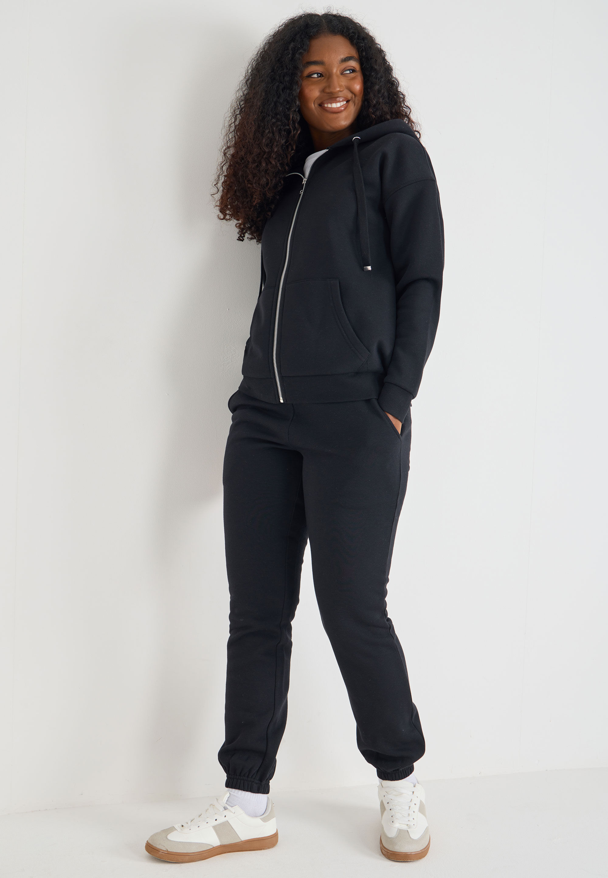 Womens Black Hooded Zip Through Sweatshirt