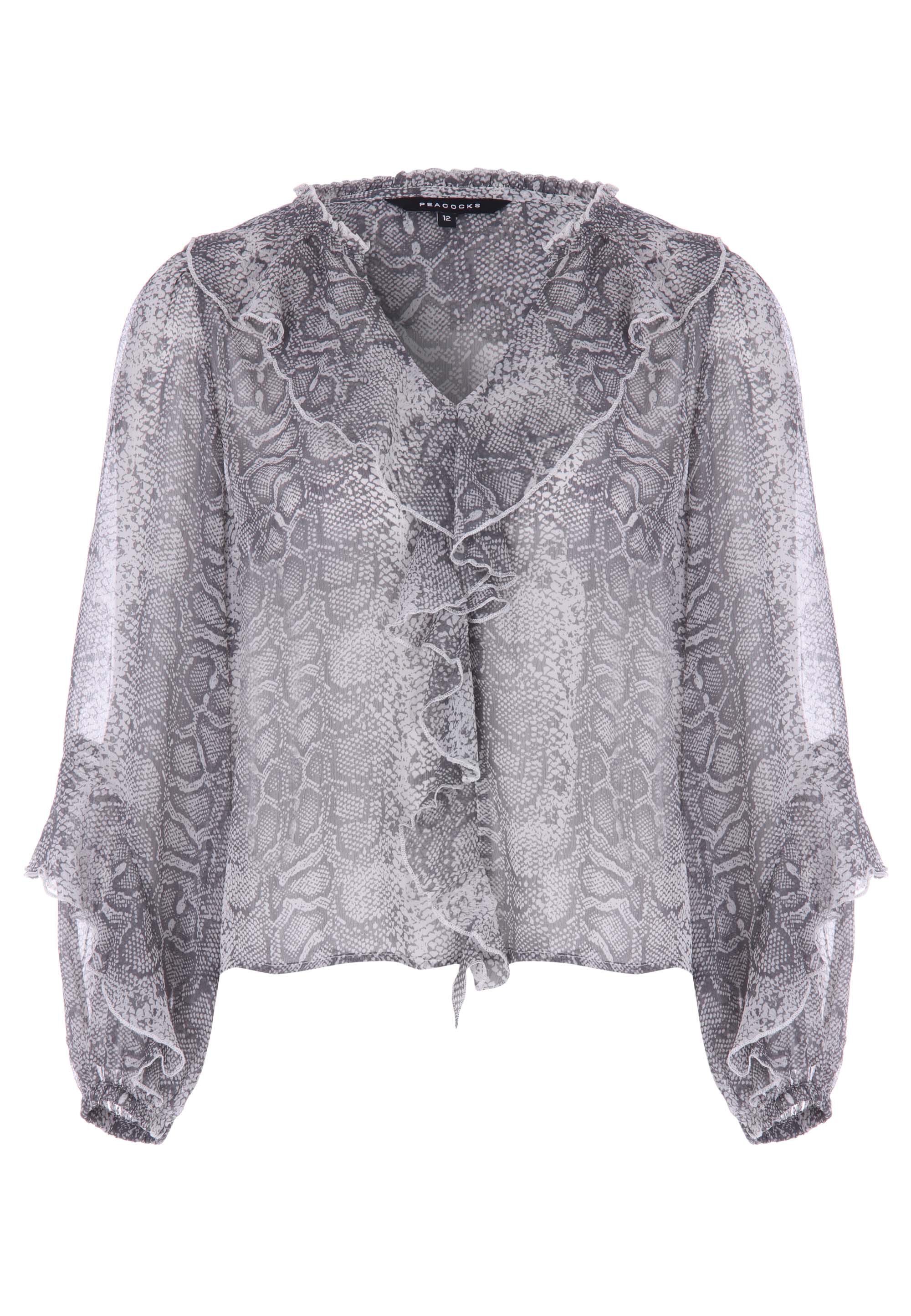 Womens Grey Snake Print Ruffle Blouse
