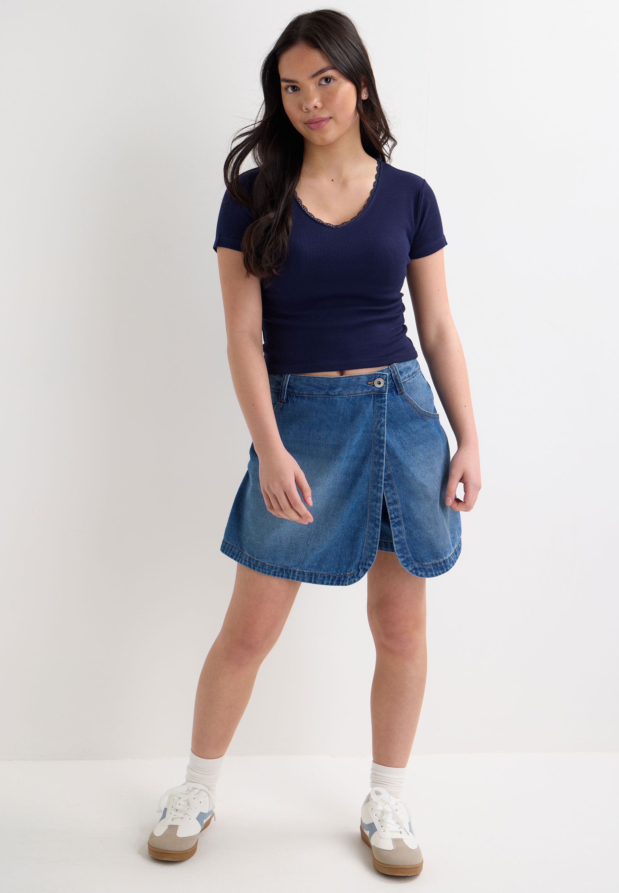 Older Girls Navy Ribbed V-Neck Lace Top