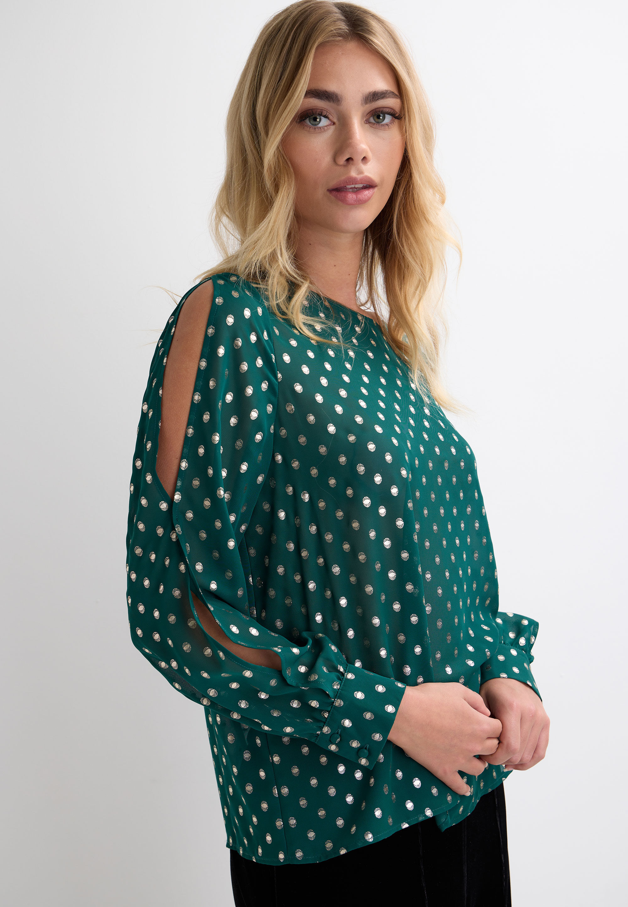 Womens Green & Gold Metallic Split Sleeve Blouse