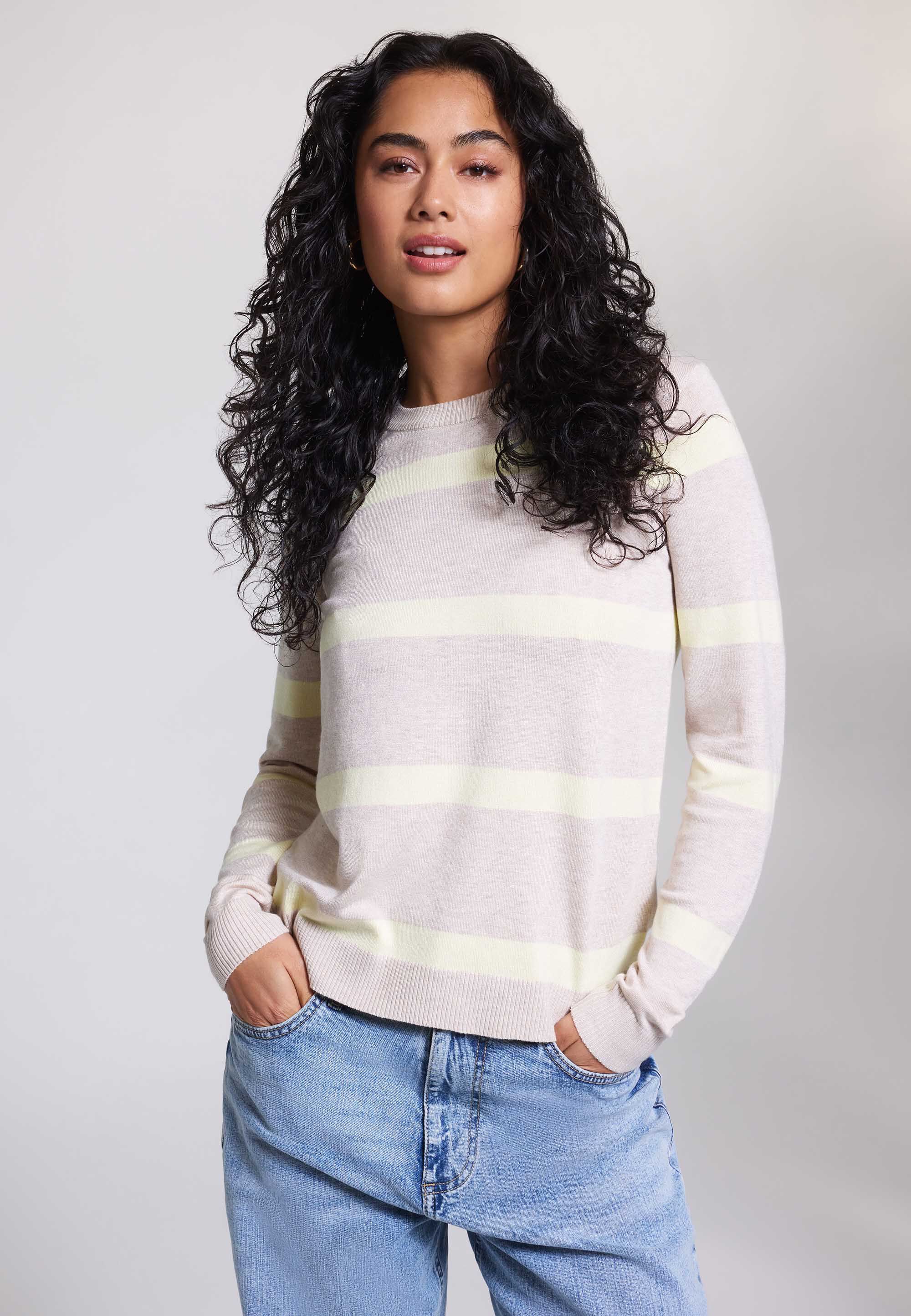 Womens Natural & Yellow Stripe Crew Neck Jumper