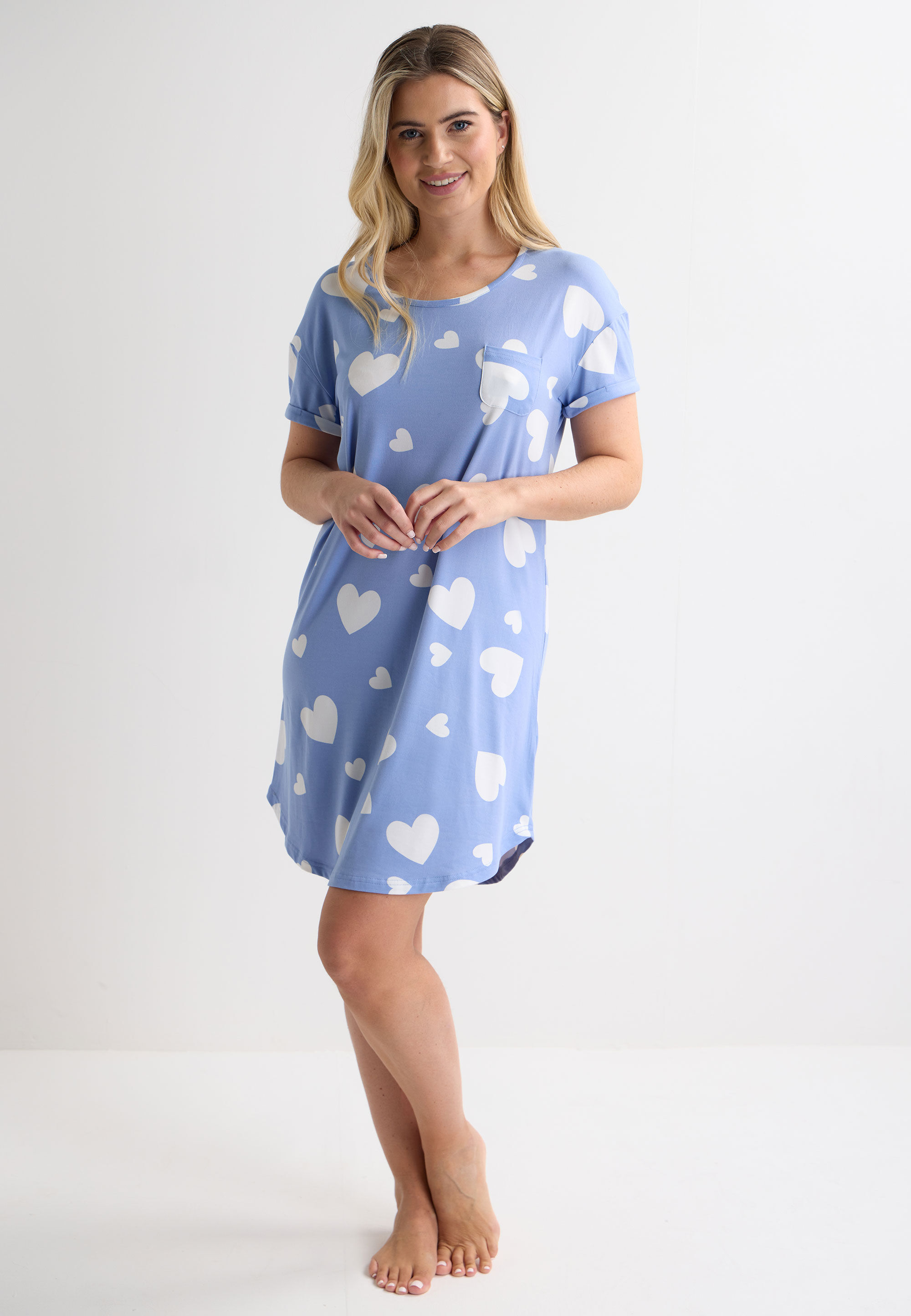 Womens Blue Soft Touch Heart Print Nightdress