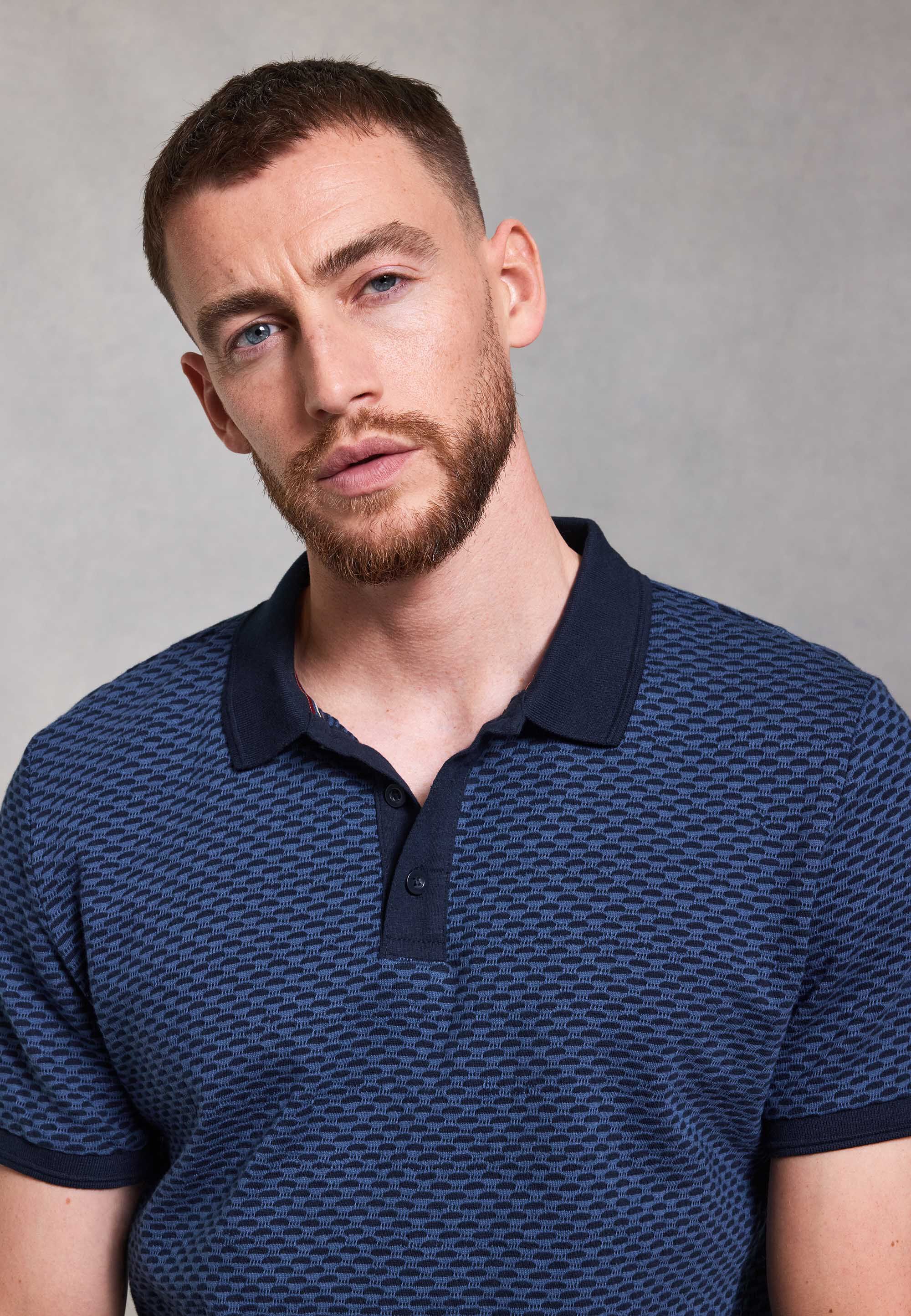 Mens Navy Two Tone Textured Polo Shirt