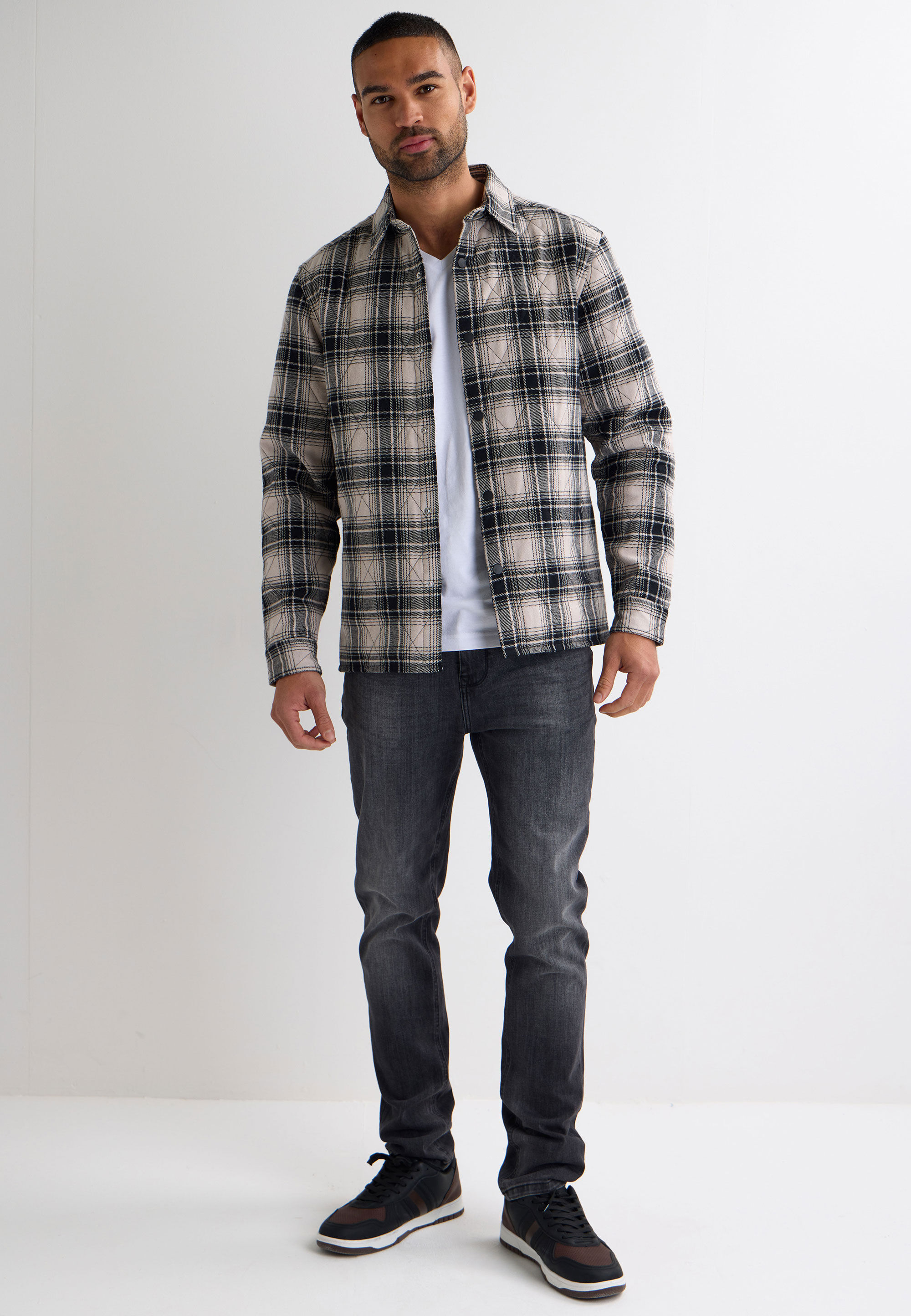 Mens Black & White Check Quilted Shirt Jacket
