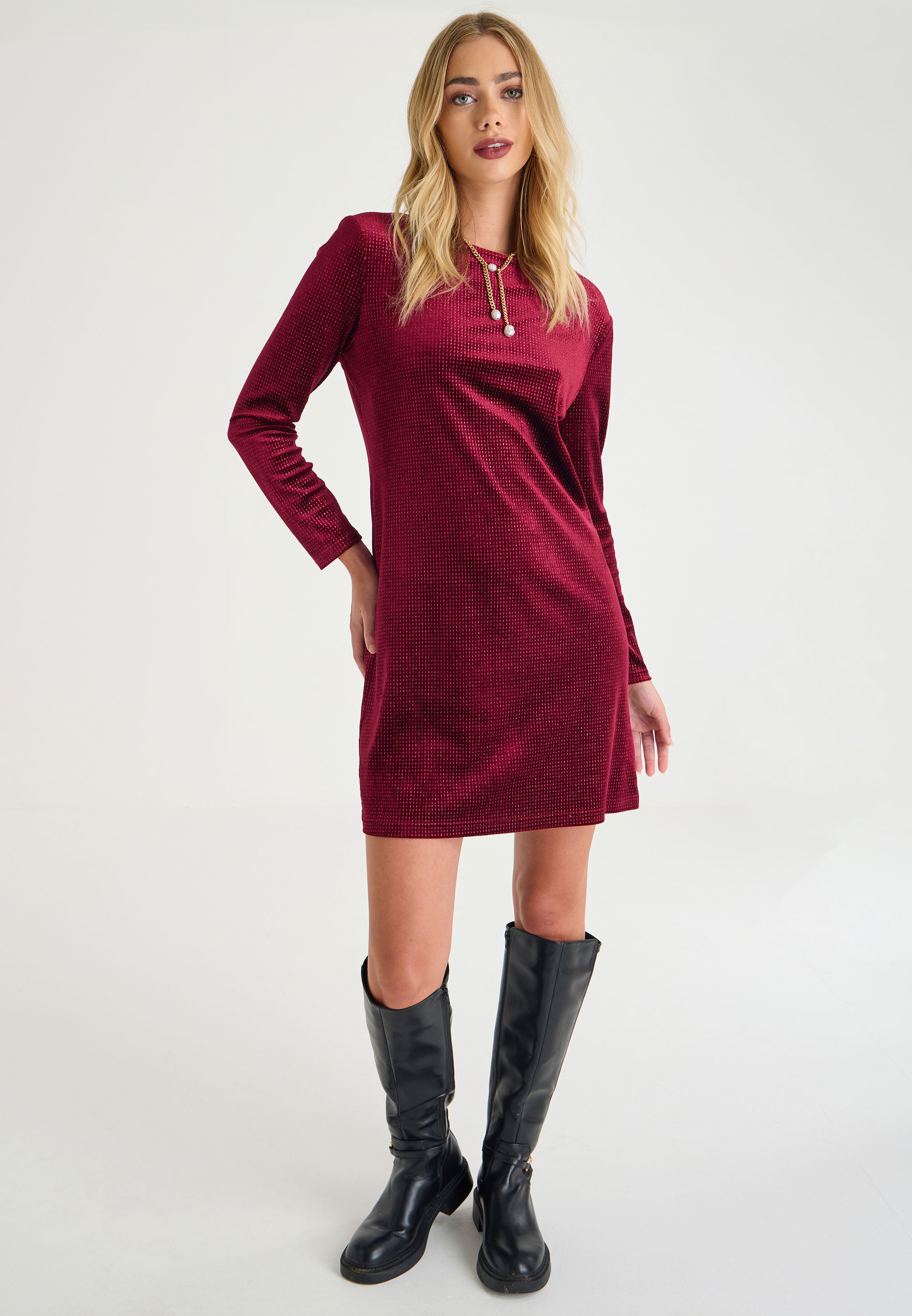 Womens Burgundy Velvet Glitter Shift Dress