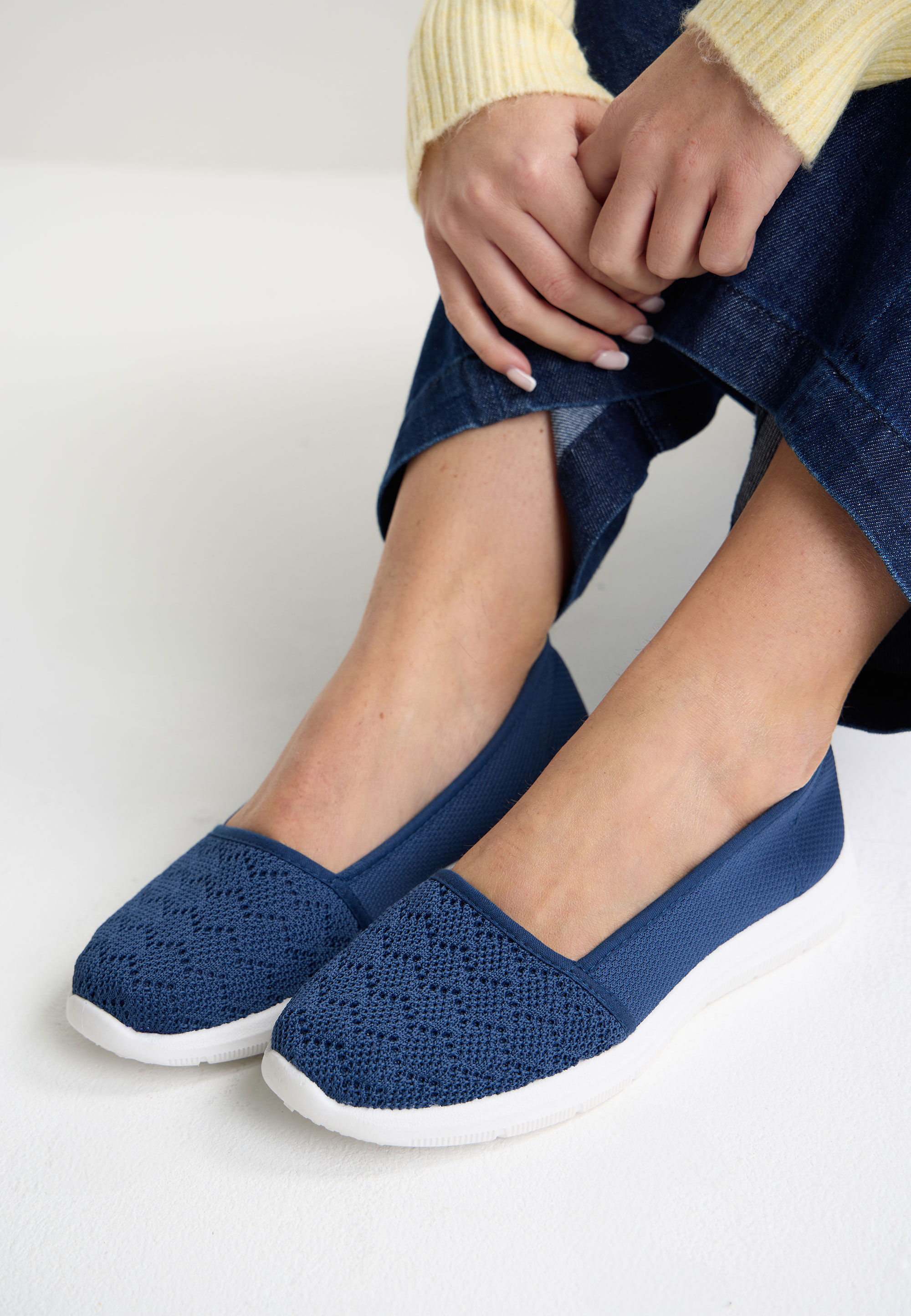 Womens Blue Textured Slip On Flat Trainers