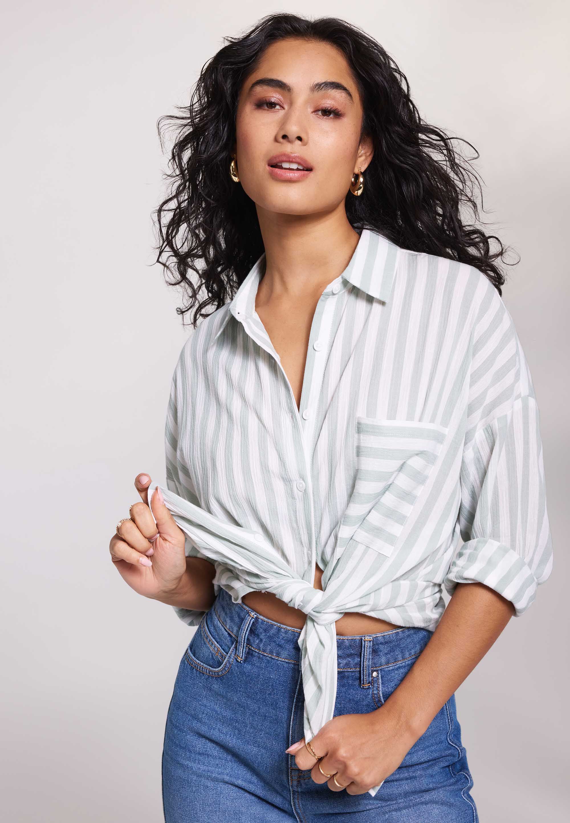 Womens Sage Stripe Crinkle Long Sleeve Shirt