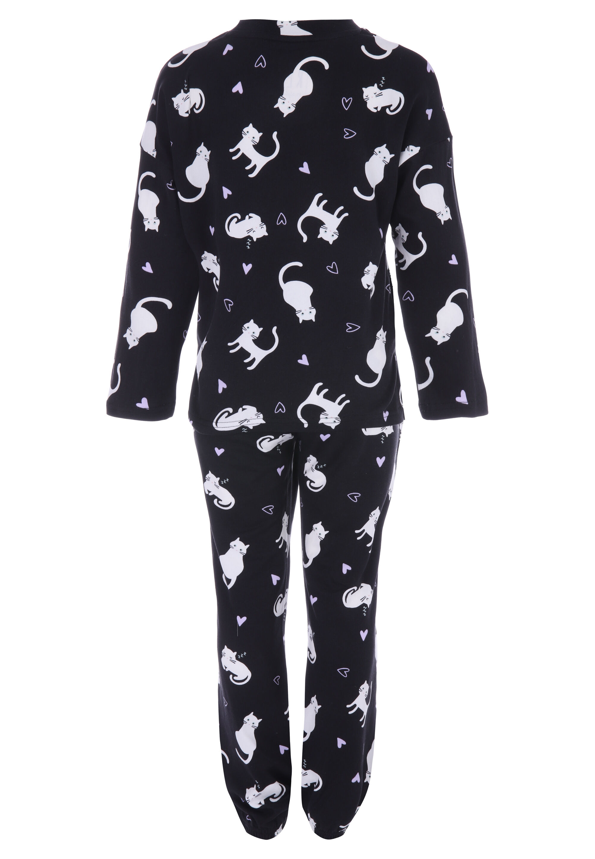 Girls Black Cat Print Soft Touch Pyjama Set