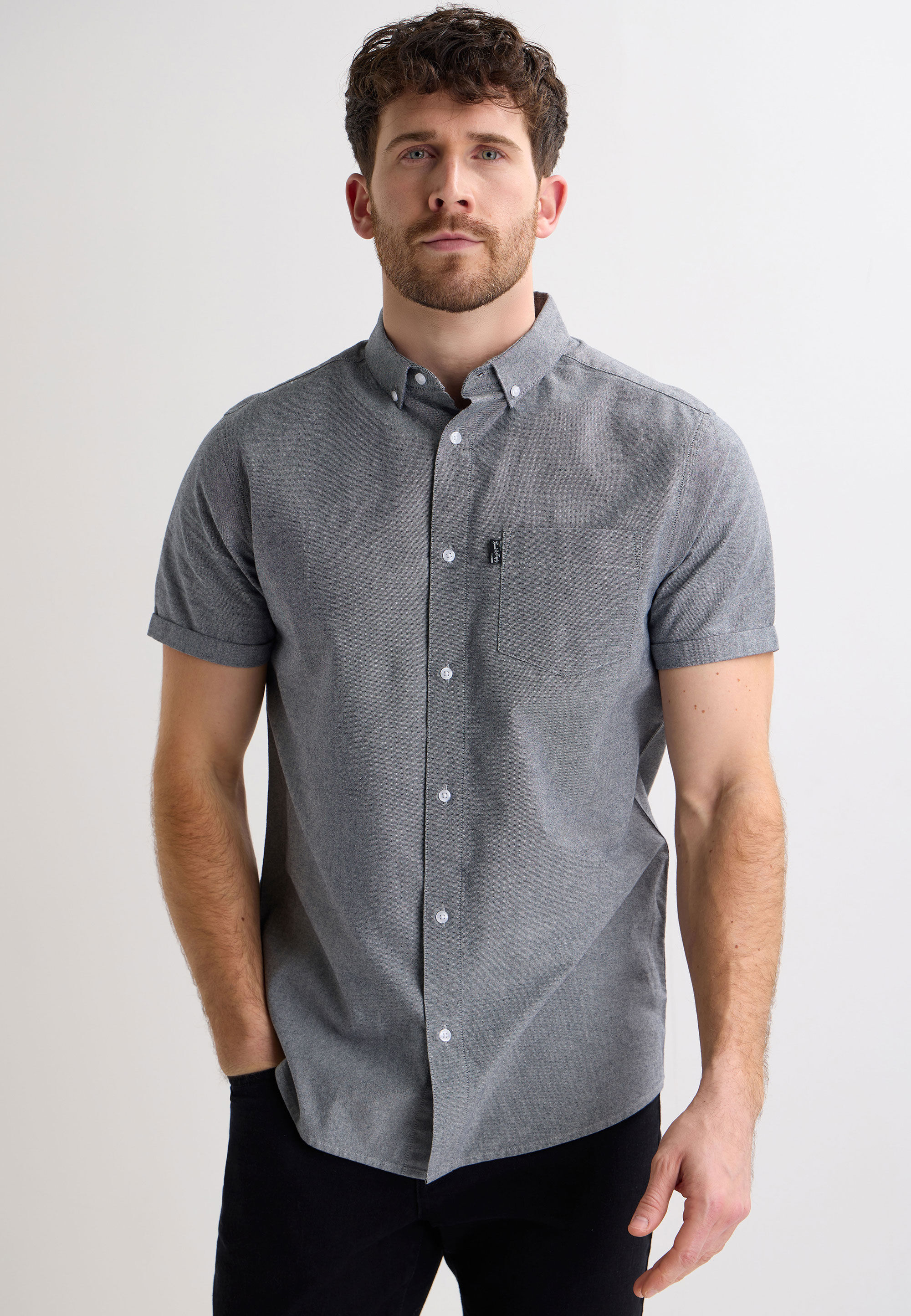 Mens Grey Plain Oxford Short Sleeve Shirt