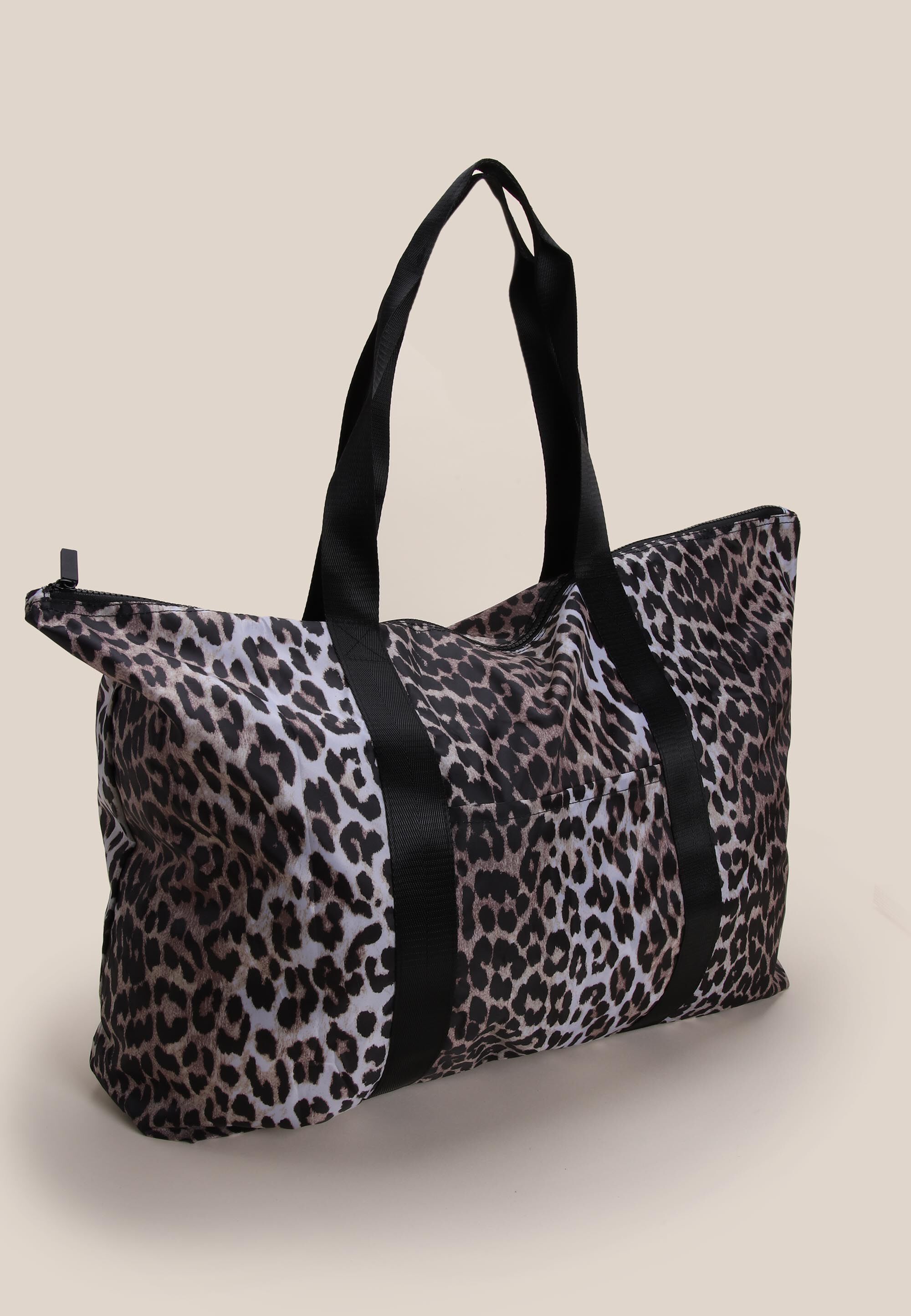 Womens Brown Leopard Print Travel Packable Tote Bag