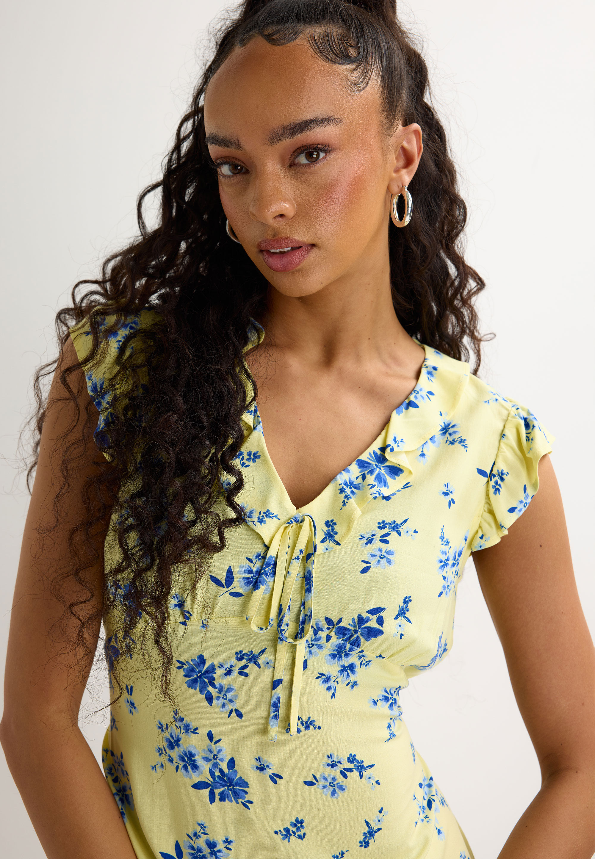 Womens Yellows Floral Ruffle Sleeve Tea Dress