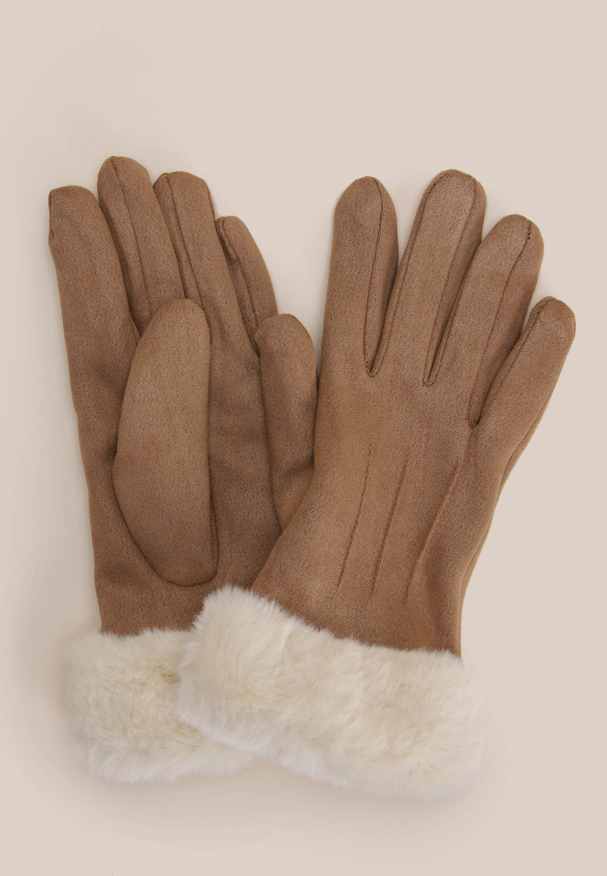 Womens Brown & Cream Fluffy Gloves