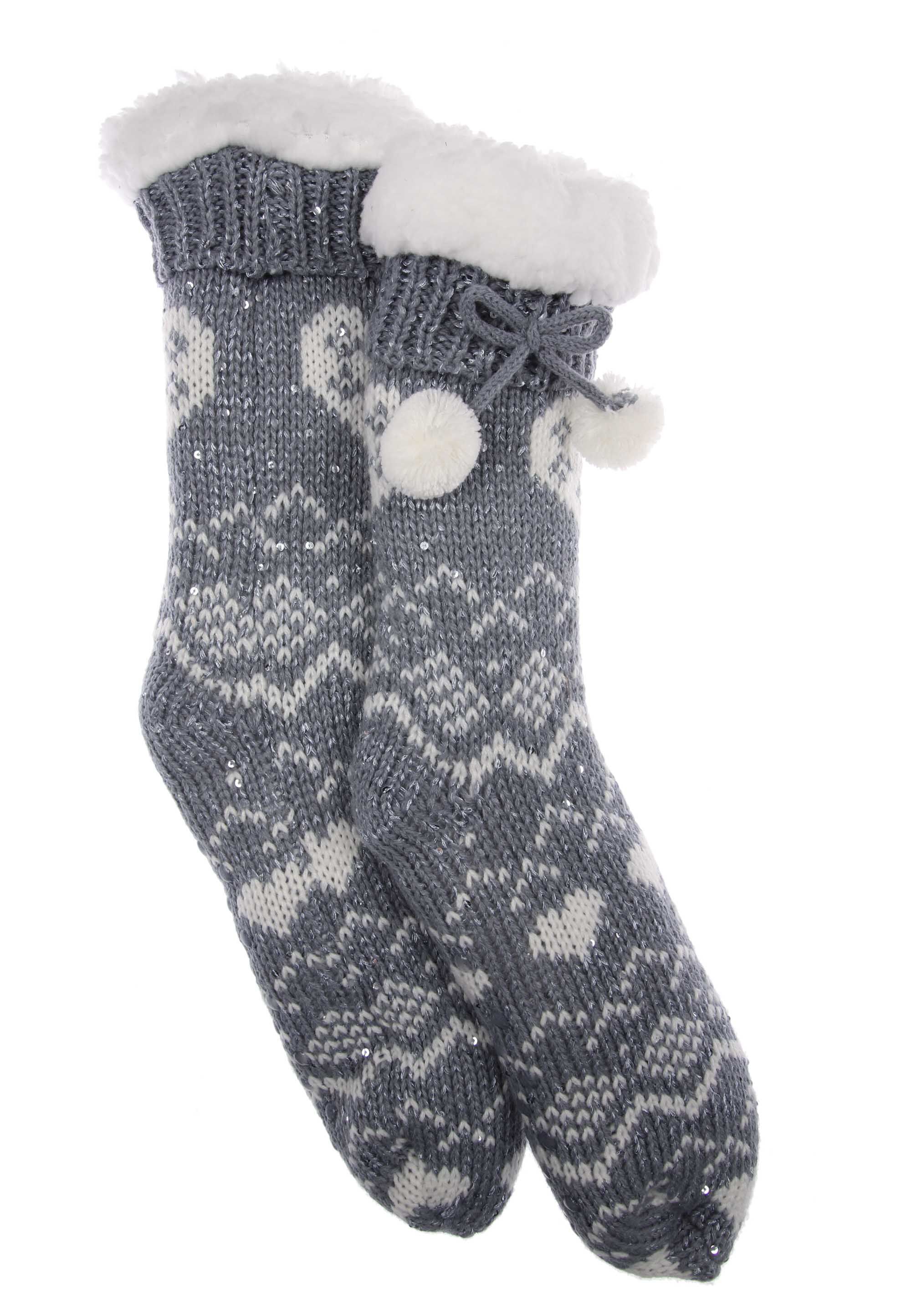 Girls Grey Embroidered Sequin Slipper Socks