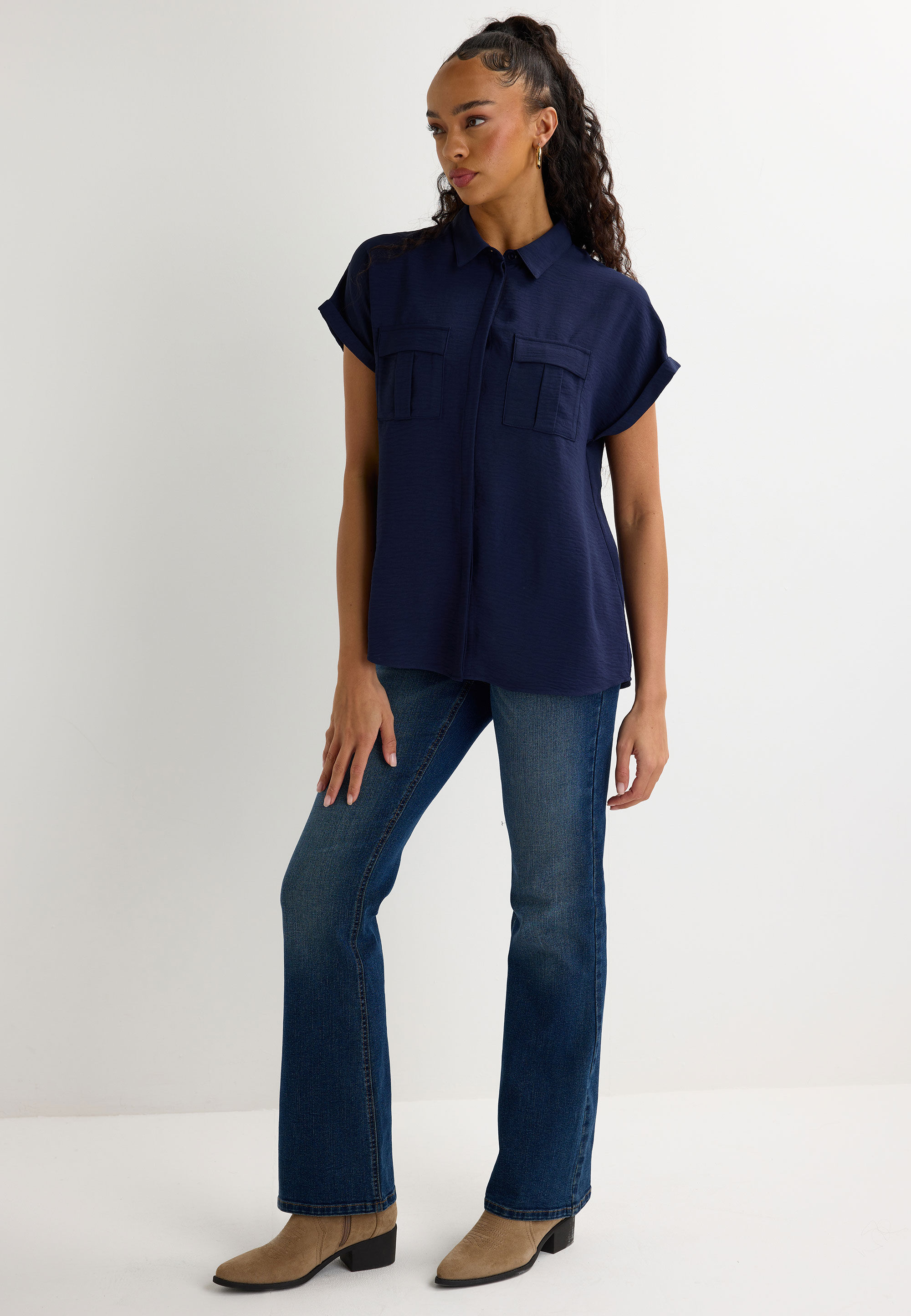 Womens Navy Plain Utility Short Sleeve Shirt