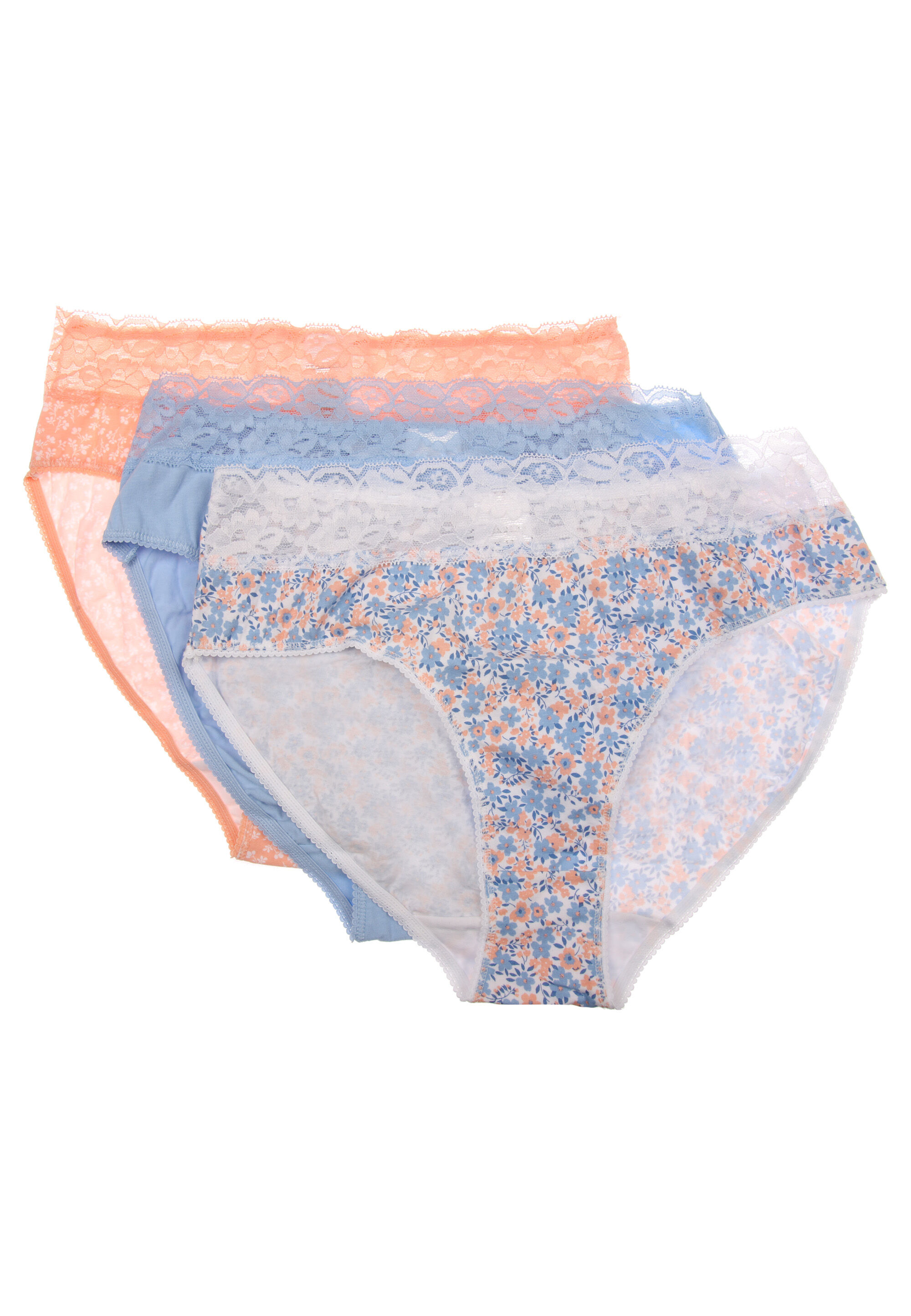 Womens 3pk Blue Floral Lace Trim High Cut Briefs