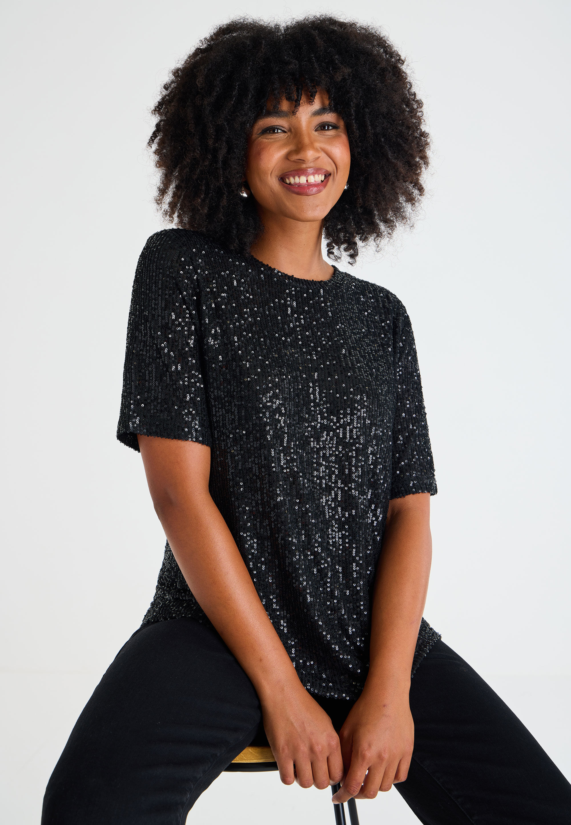 Womens Black Sequin Short Sleeve Top