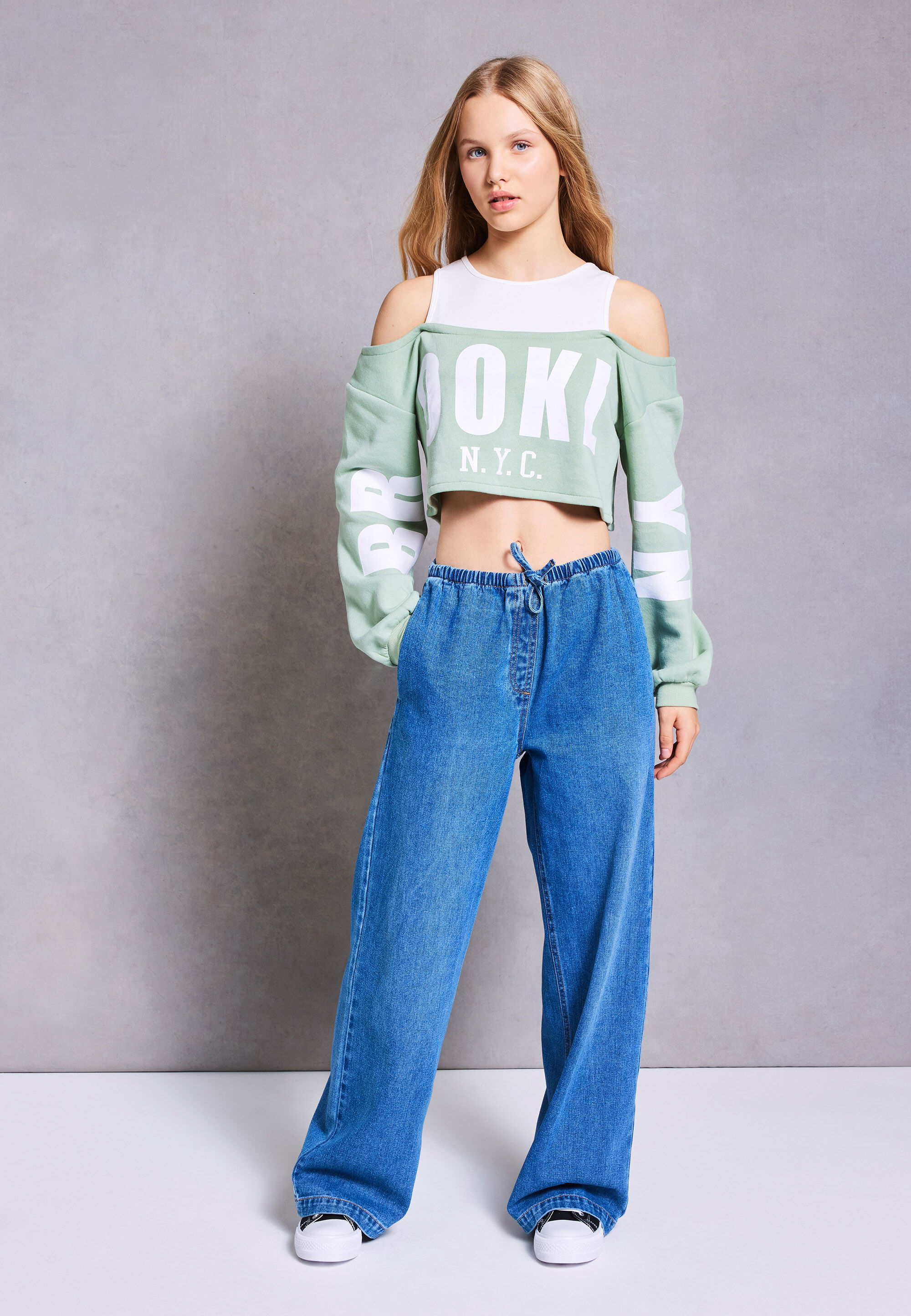 Older Girls Blue Denim Wide Leg Draw Waist Jeans