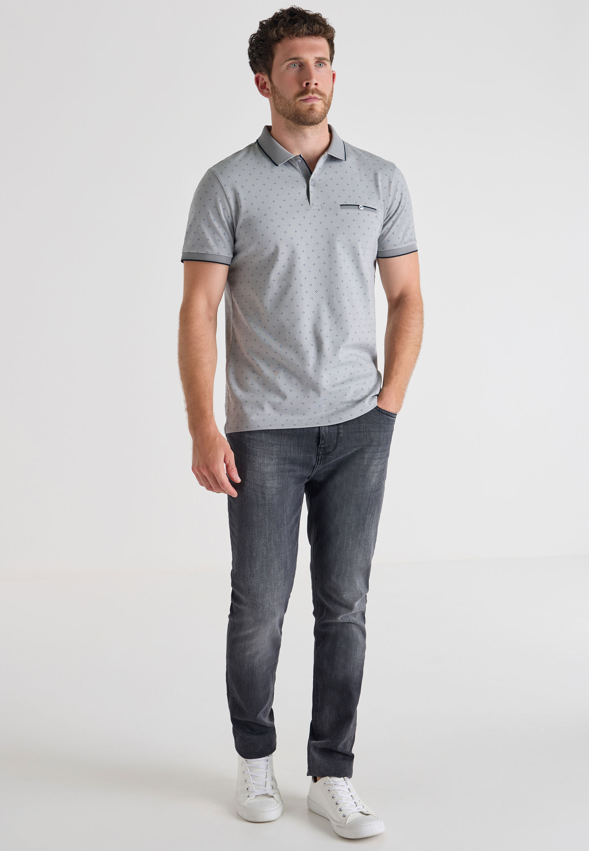 Mens Grey Ditsy Print Polo Shirt