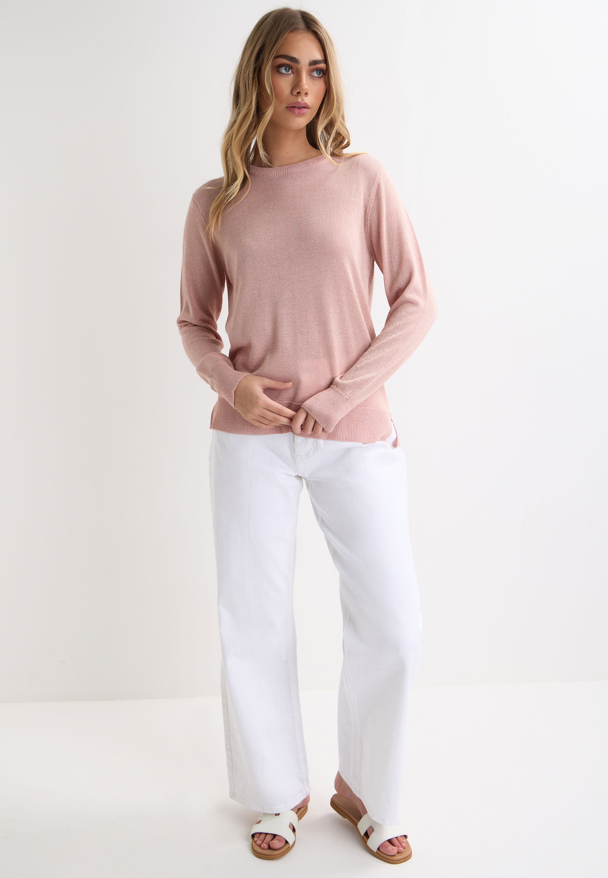 Womens Pink Lurex Crew Neck Jumper