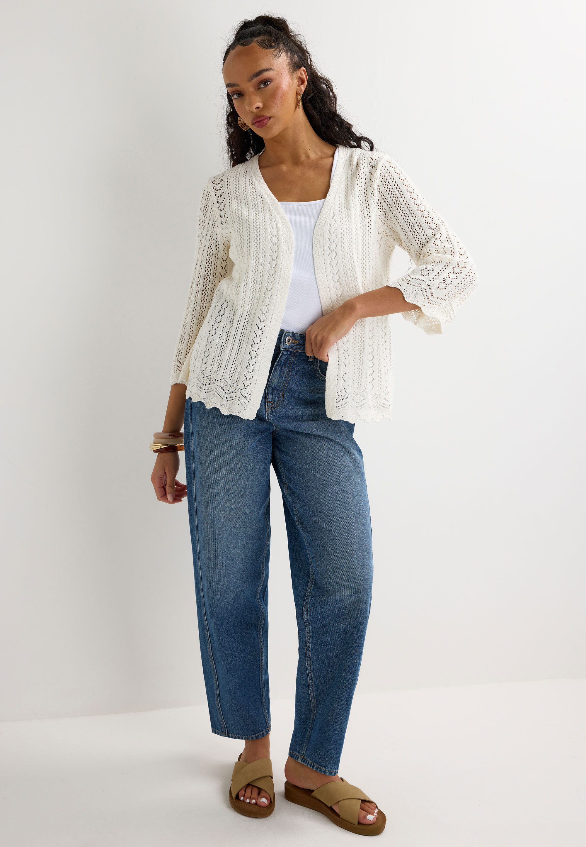 Womens Cream Crochet Knit Cardigan