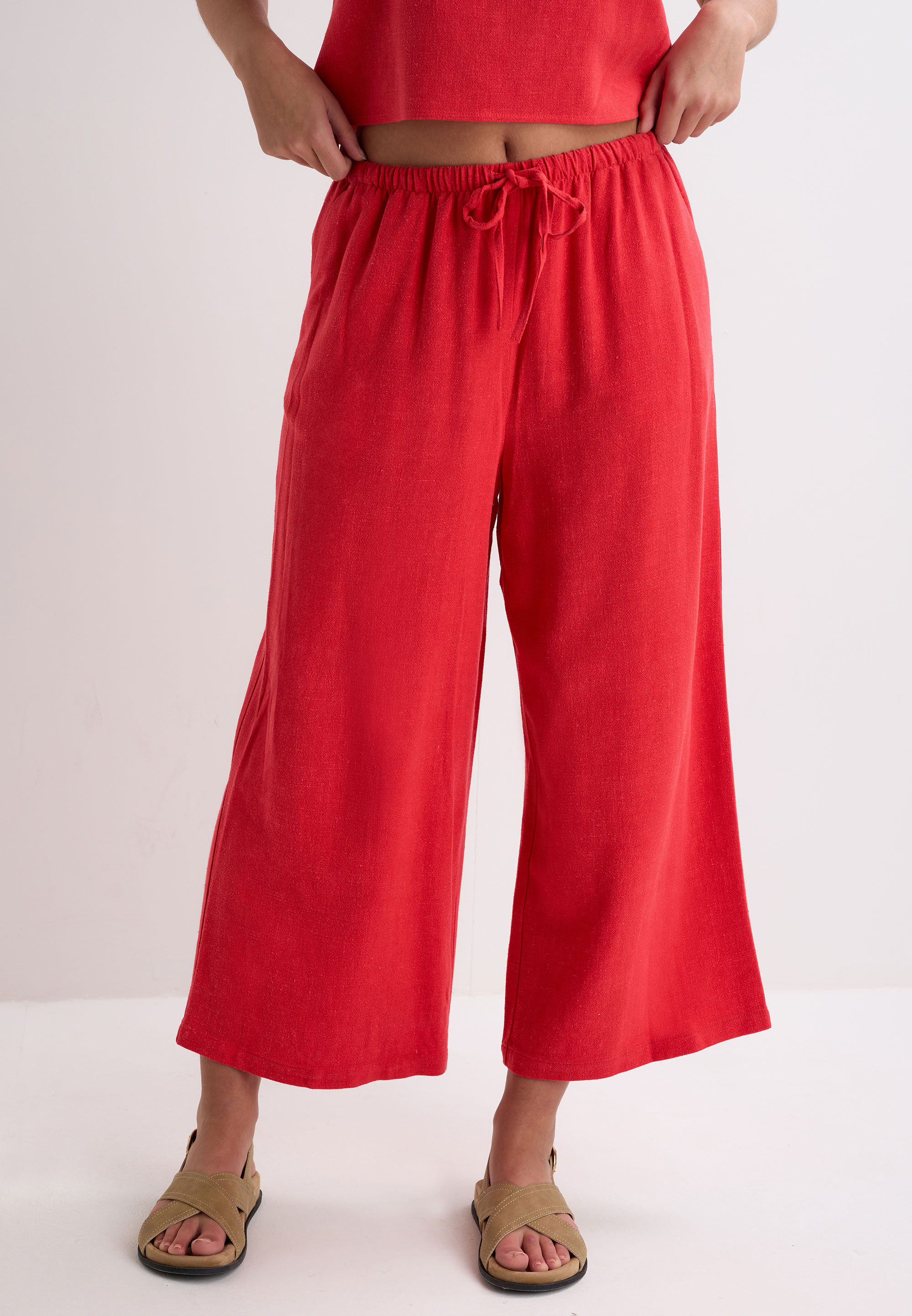 Womens Red Plain Linen Culotte Trousers