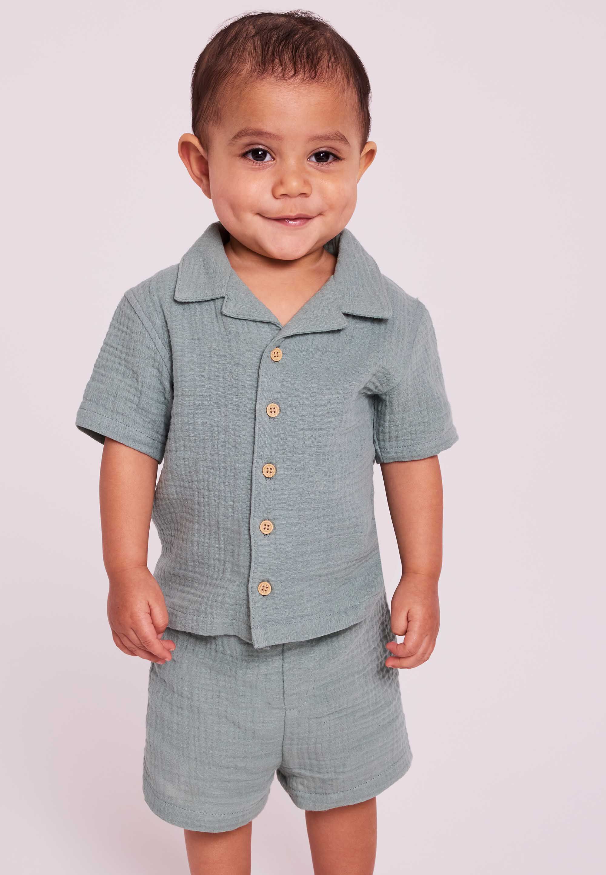 Baby Boys Green Cotton Cheesecloth Shirt and Shorts Set