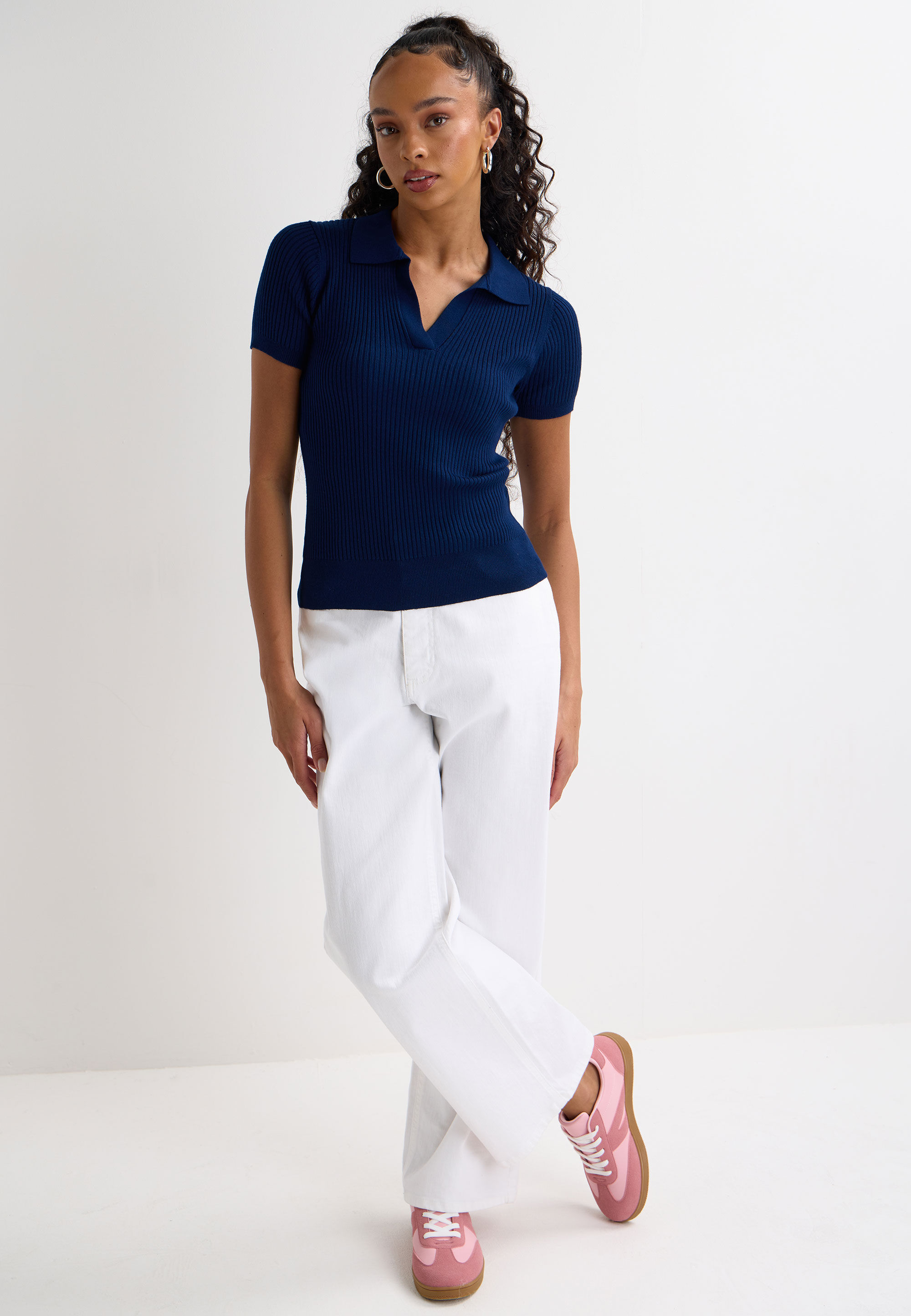 Womens Navy Ribbed V-Neck Collar Jumper