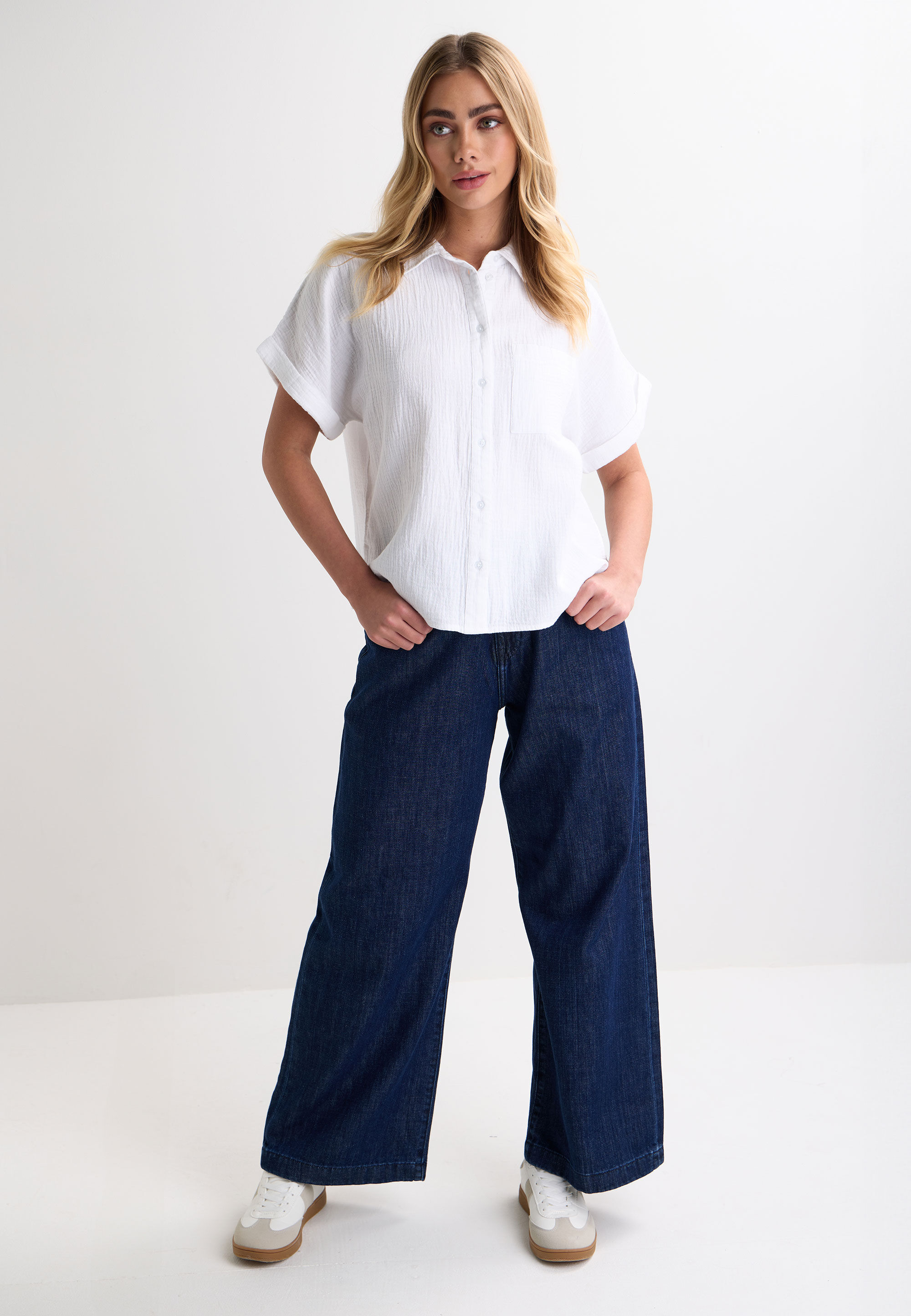 Womens White Double Cotton Short Sleeve Shirt