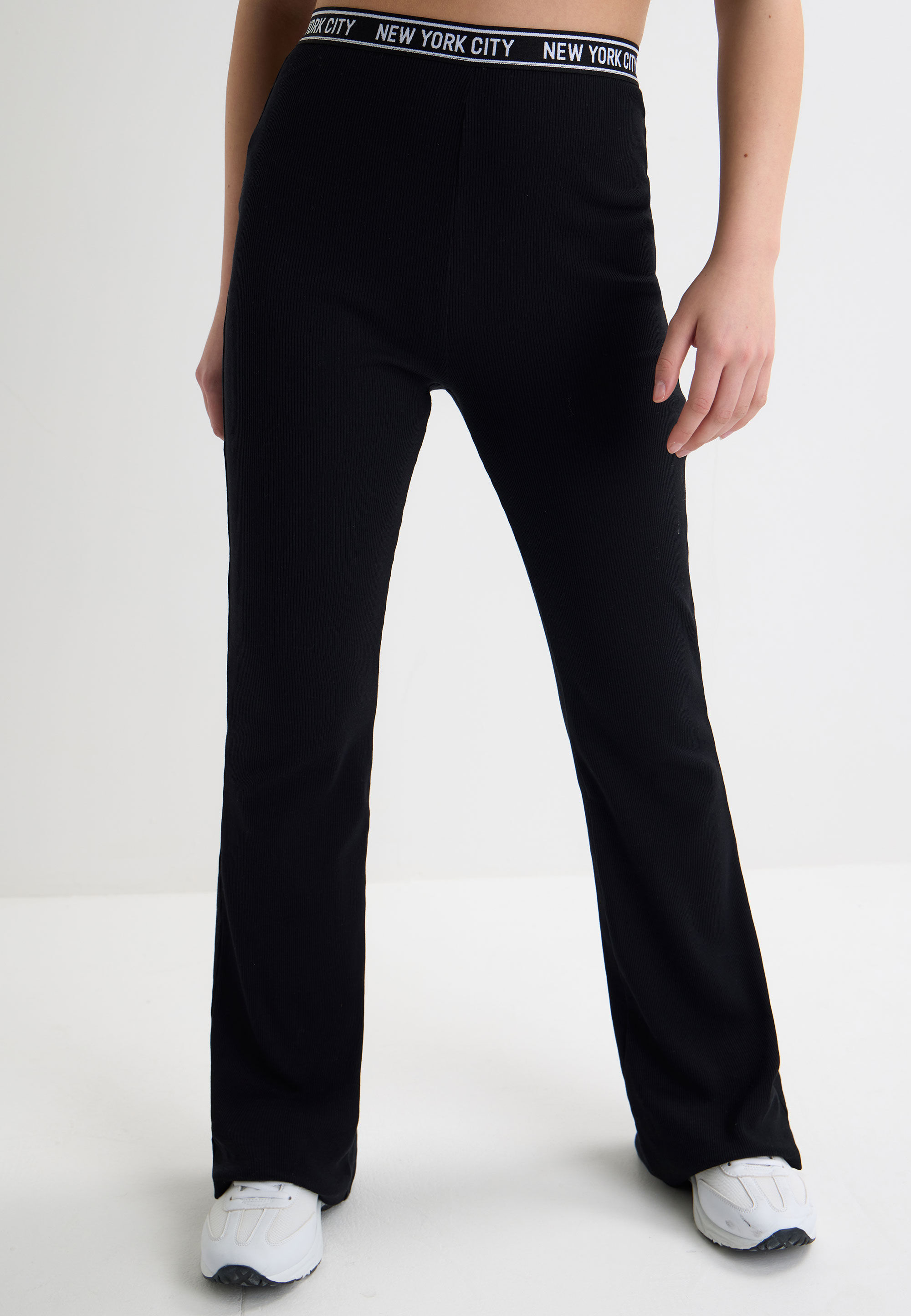 Older Girls Black NYC Waistband Ribbed Bootcut Leggings
