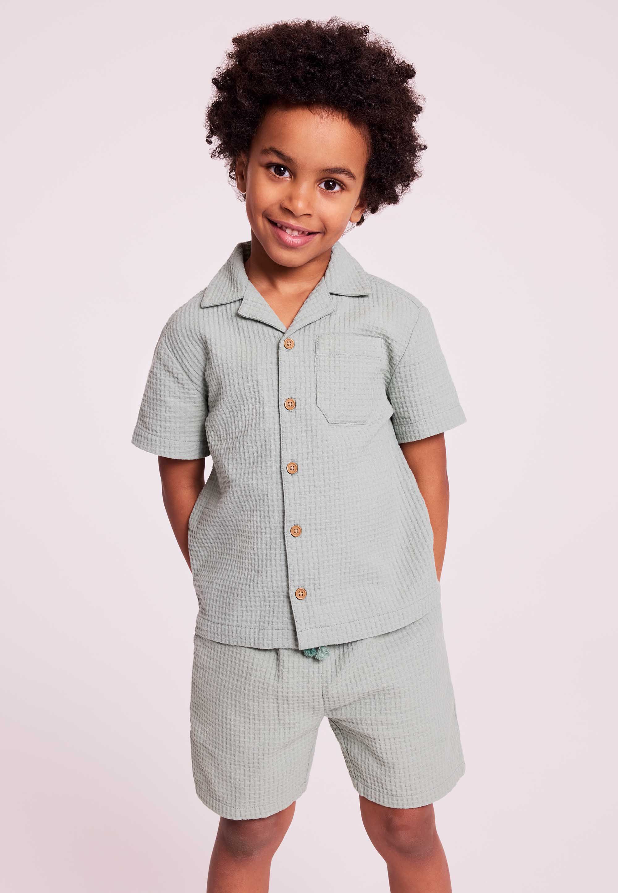 Younger Boys Green Waffle Shirt and Short Set