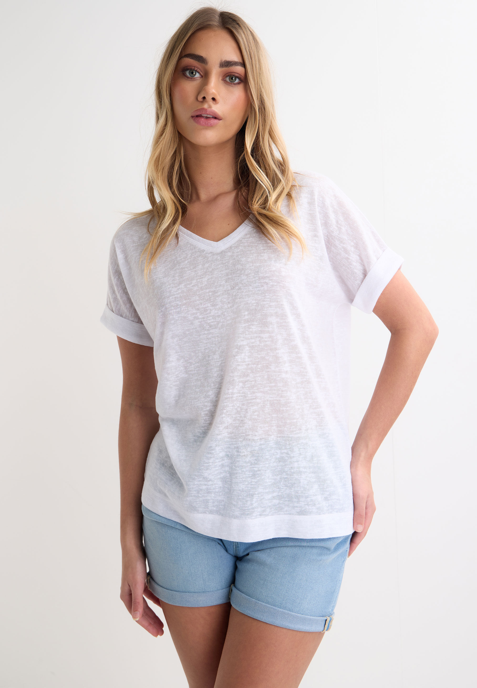 Womens White Plain Linen V-Neck Top