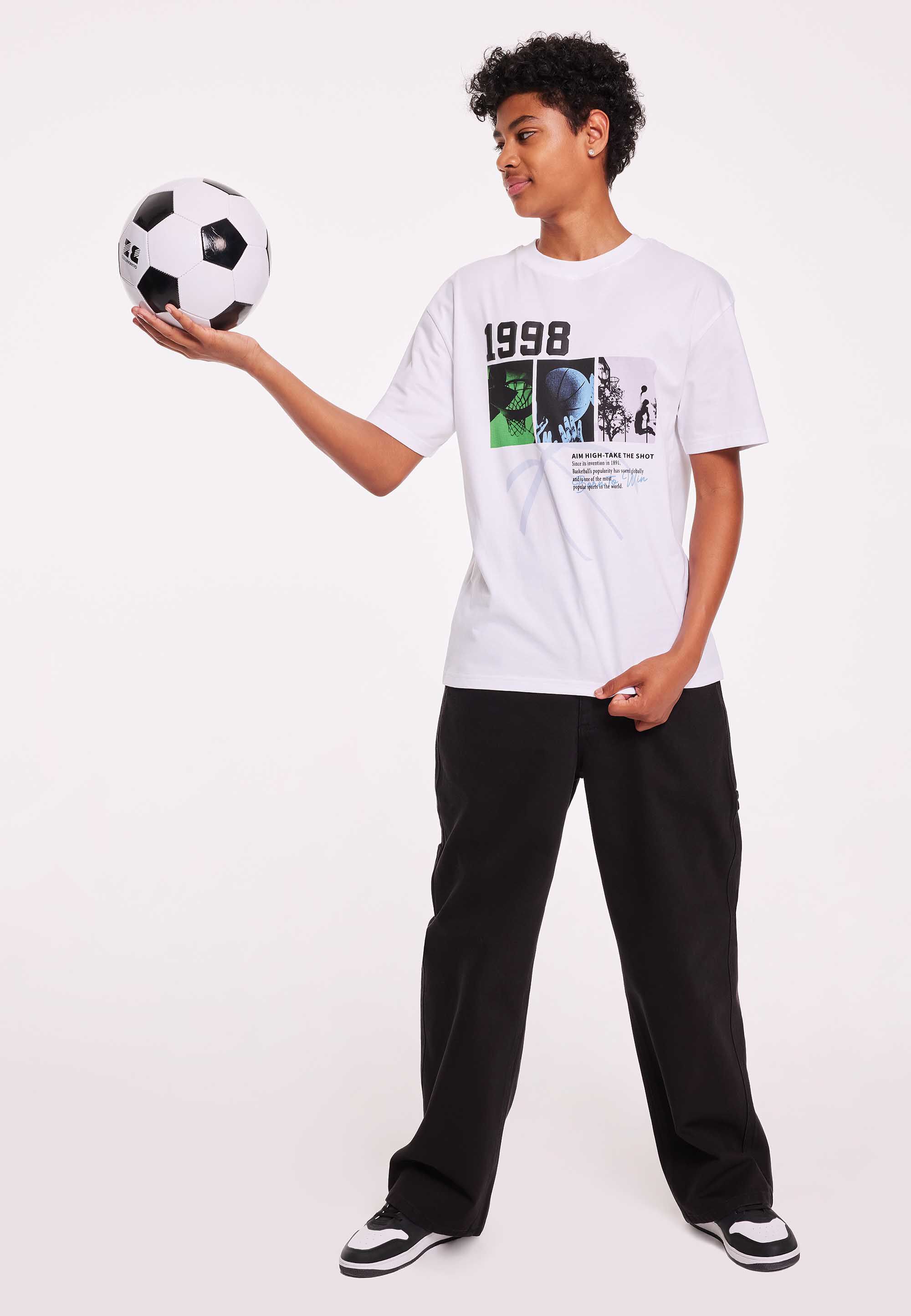 Older Boys White Basketball Printed T-Shirt