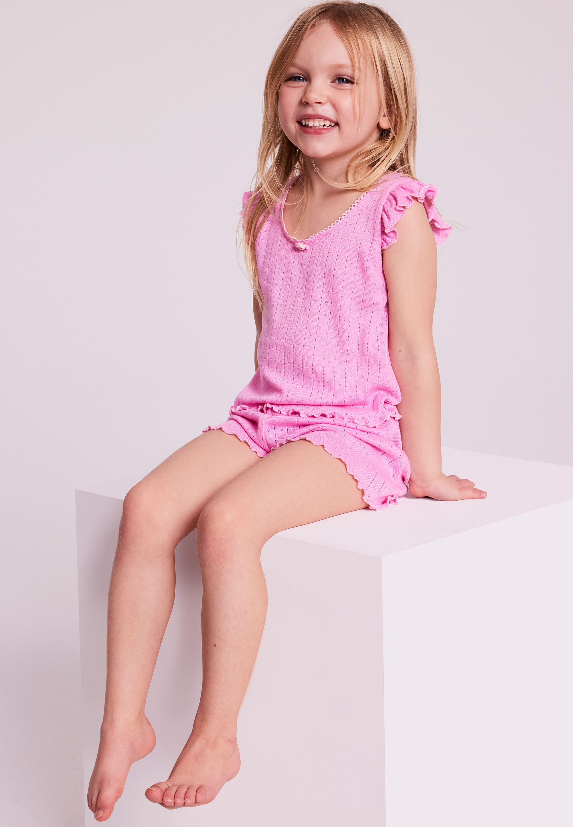 Girls Pink Pointelle Top & Shorts Pyjama Set