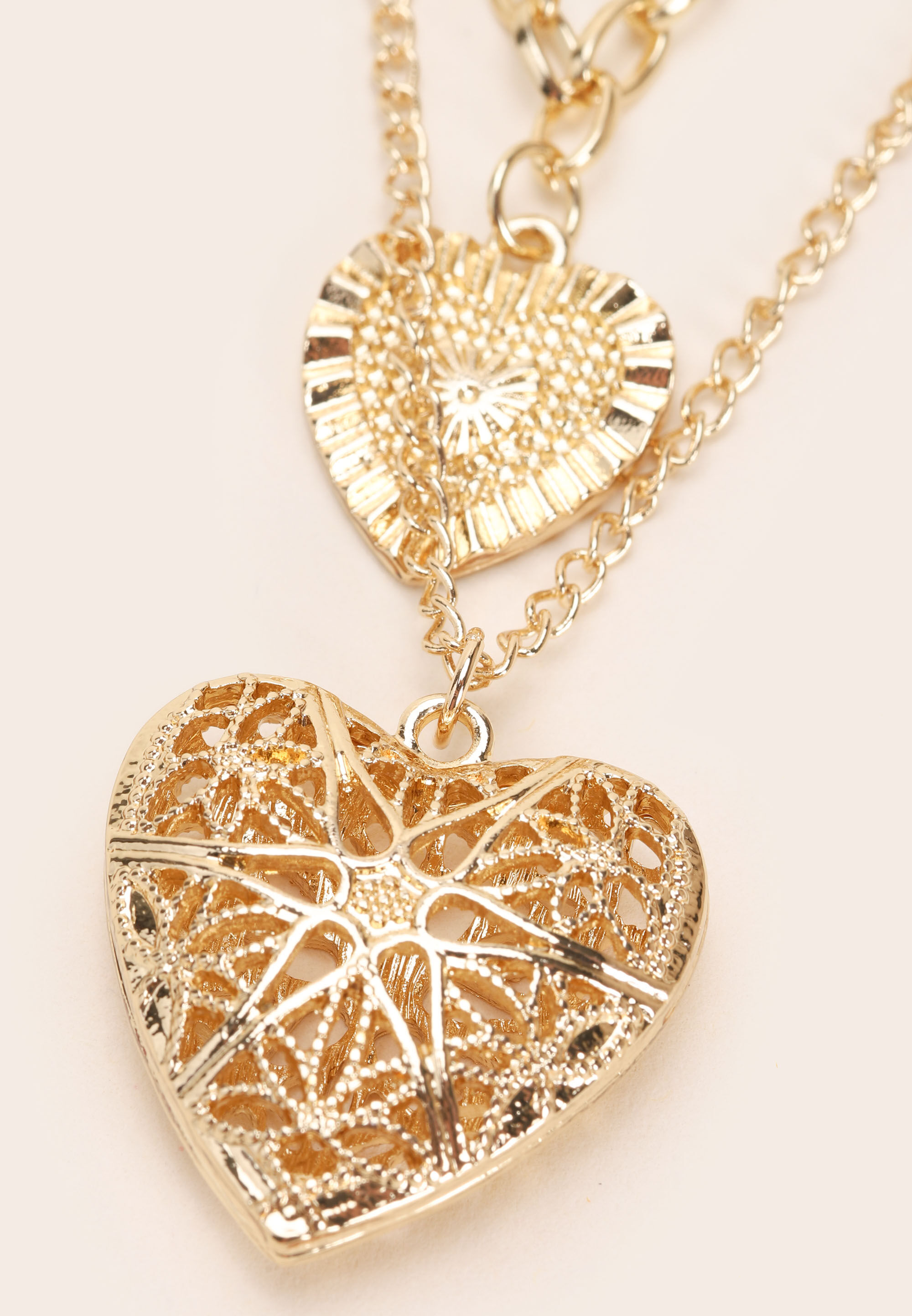 Womens Gold 3 Row Heart Pendant Layered Necklace