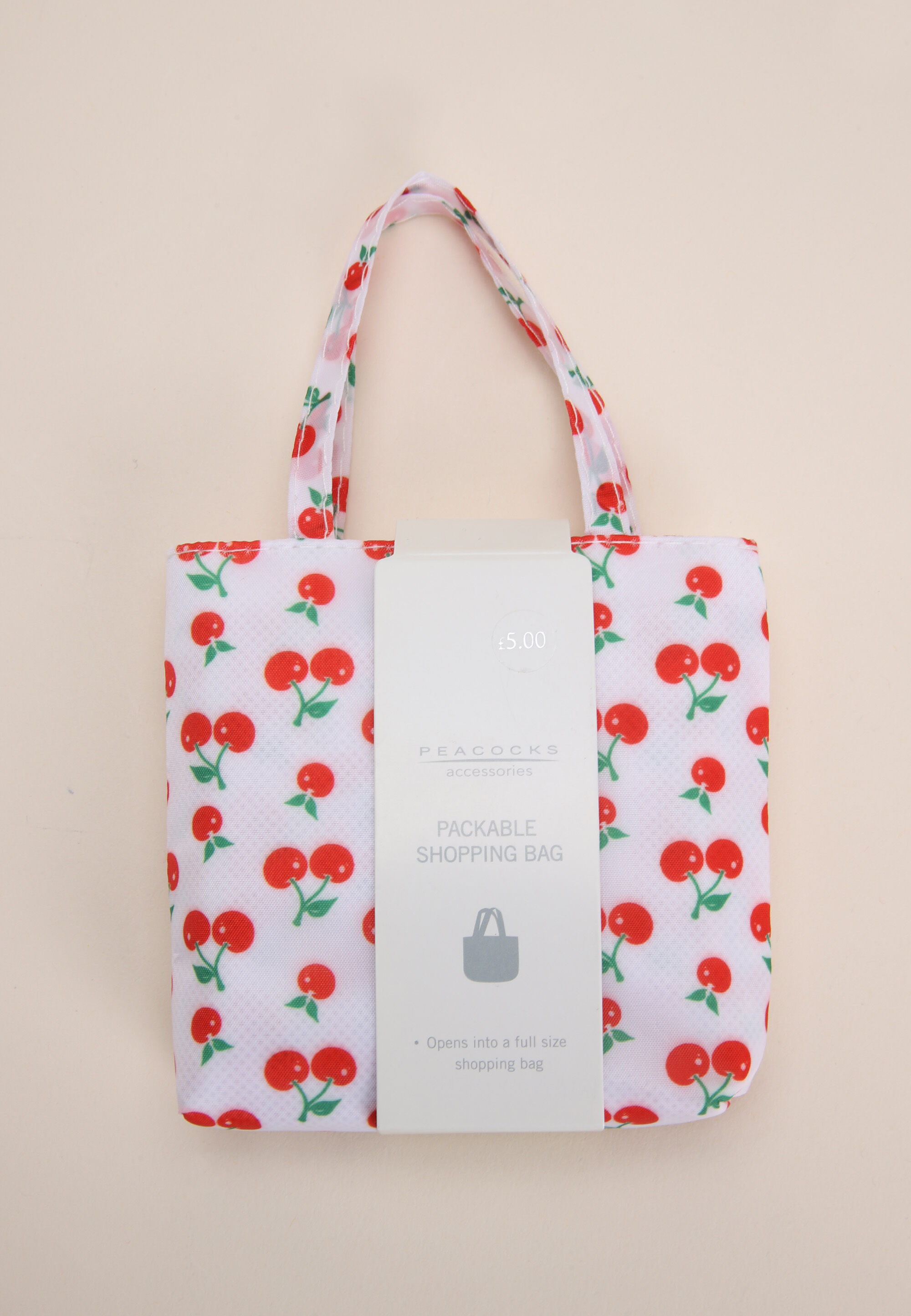 Womens White & Red Cherry Foldable Shopper Tote Bag