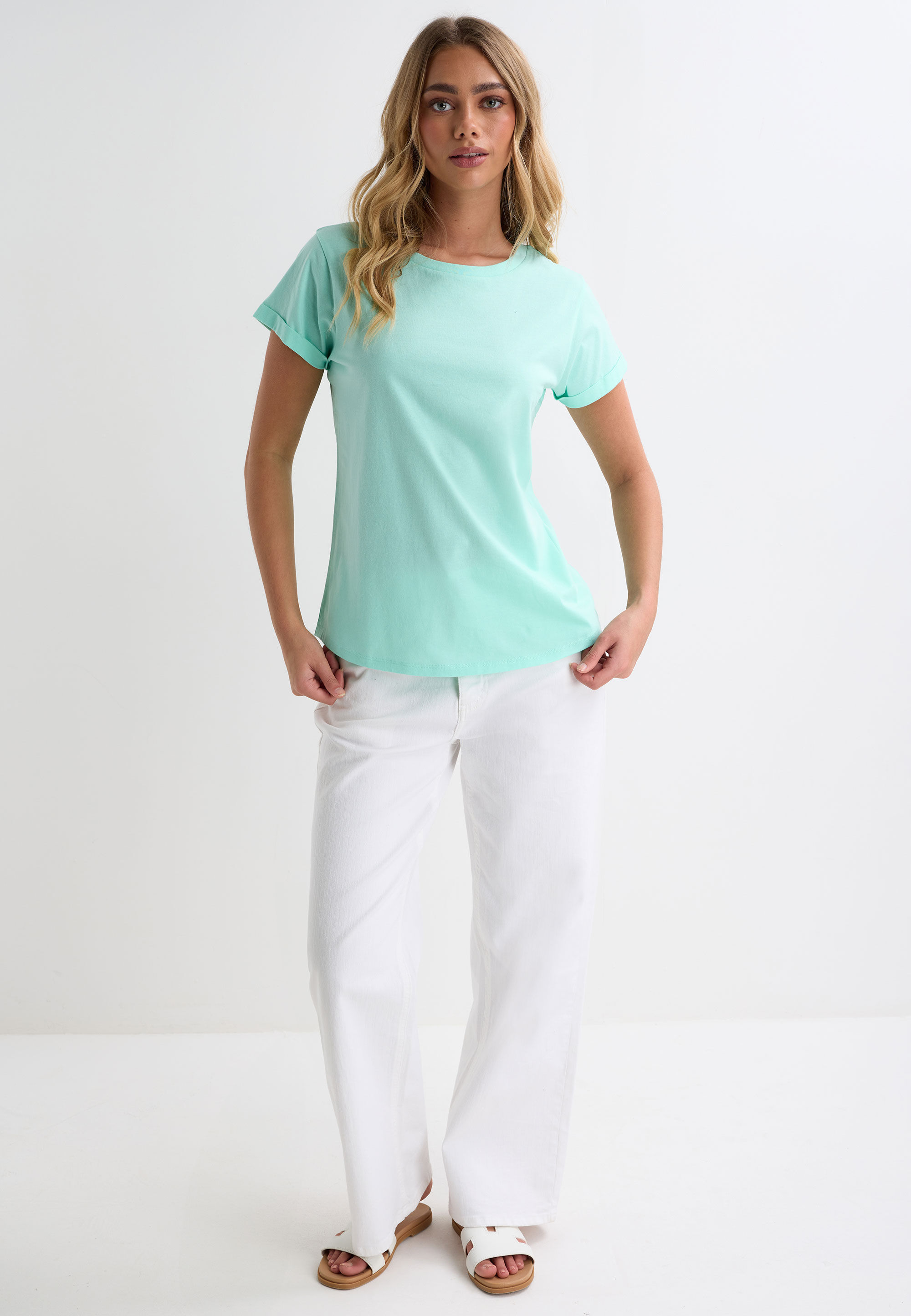 Womens Mint Plain Roll Sleeve T-shirt