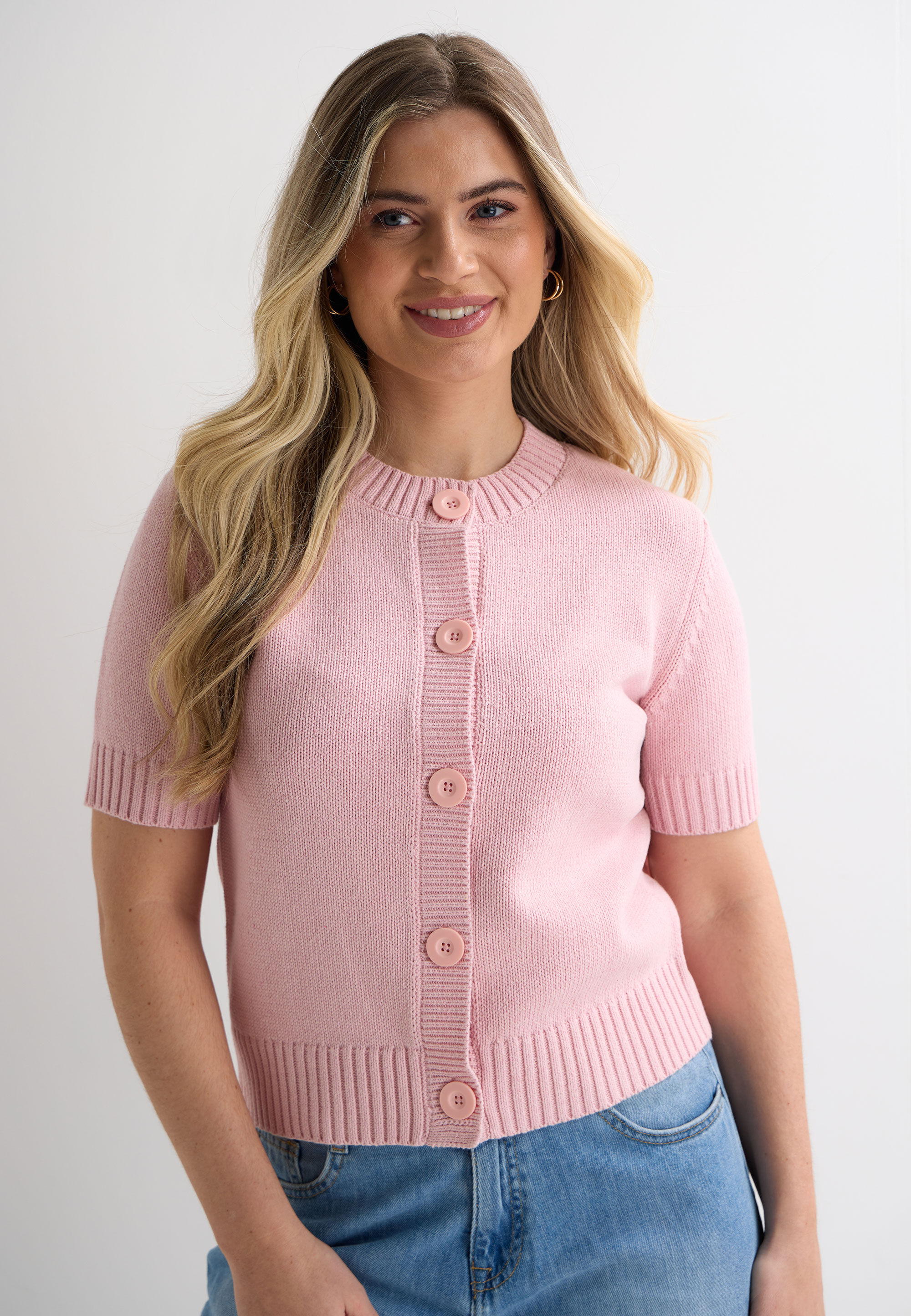 Womens Pink Button Front Short Sleeve Cardigan