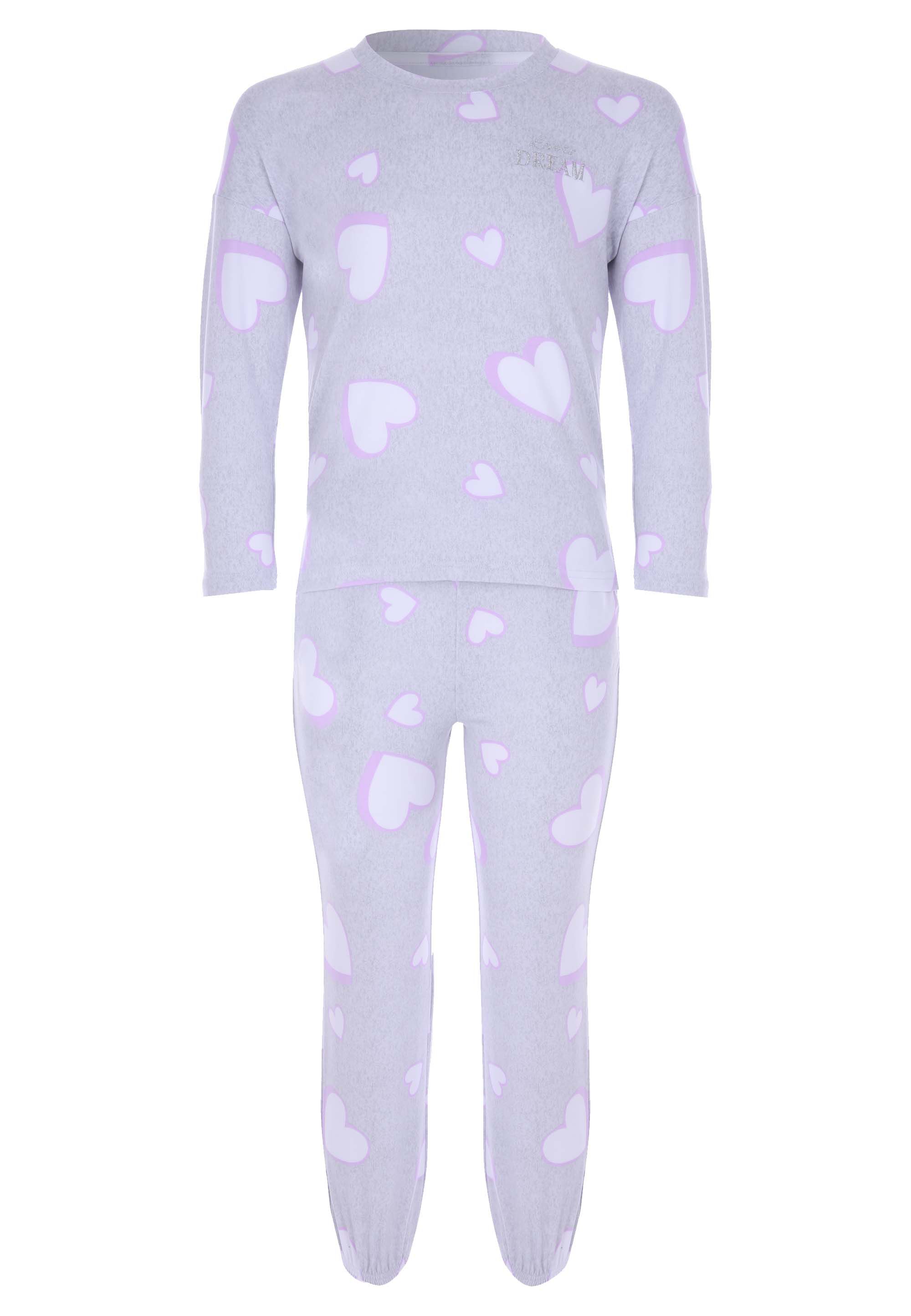 Girls Grey Heart Print Soft Touch Pyjama Set
