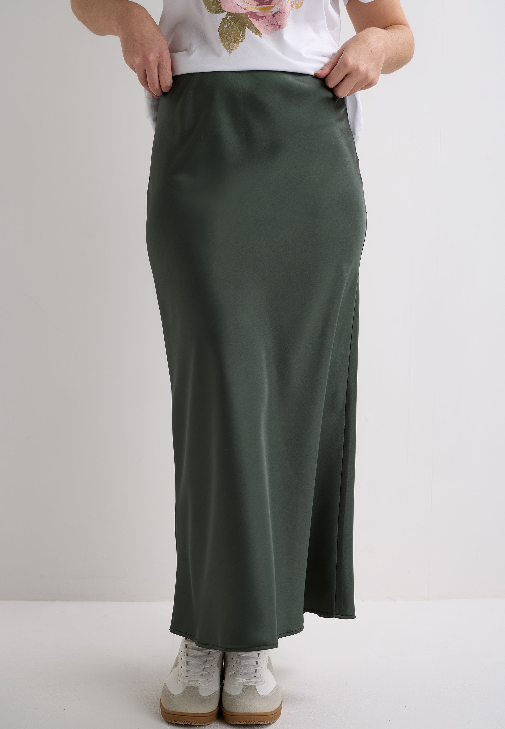 Womens Khaki Satin Midi Slip Skirt