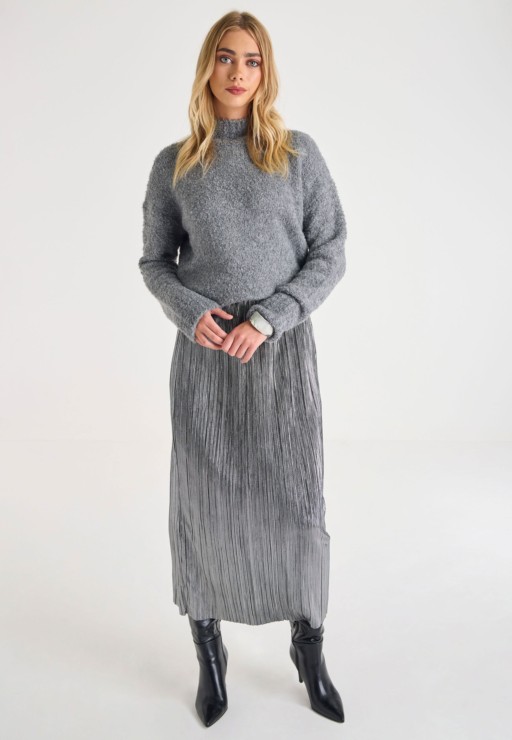 Womens Silver Plisse Midi Skirt