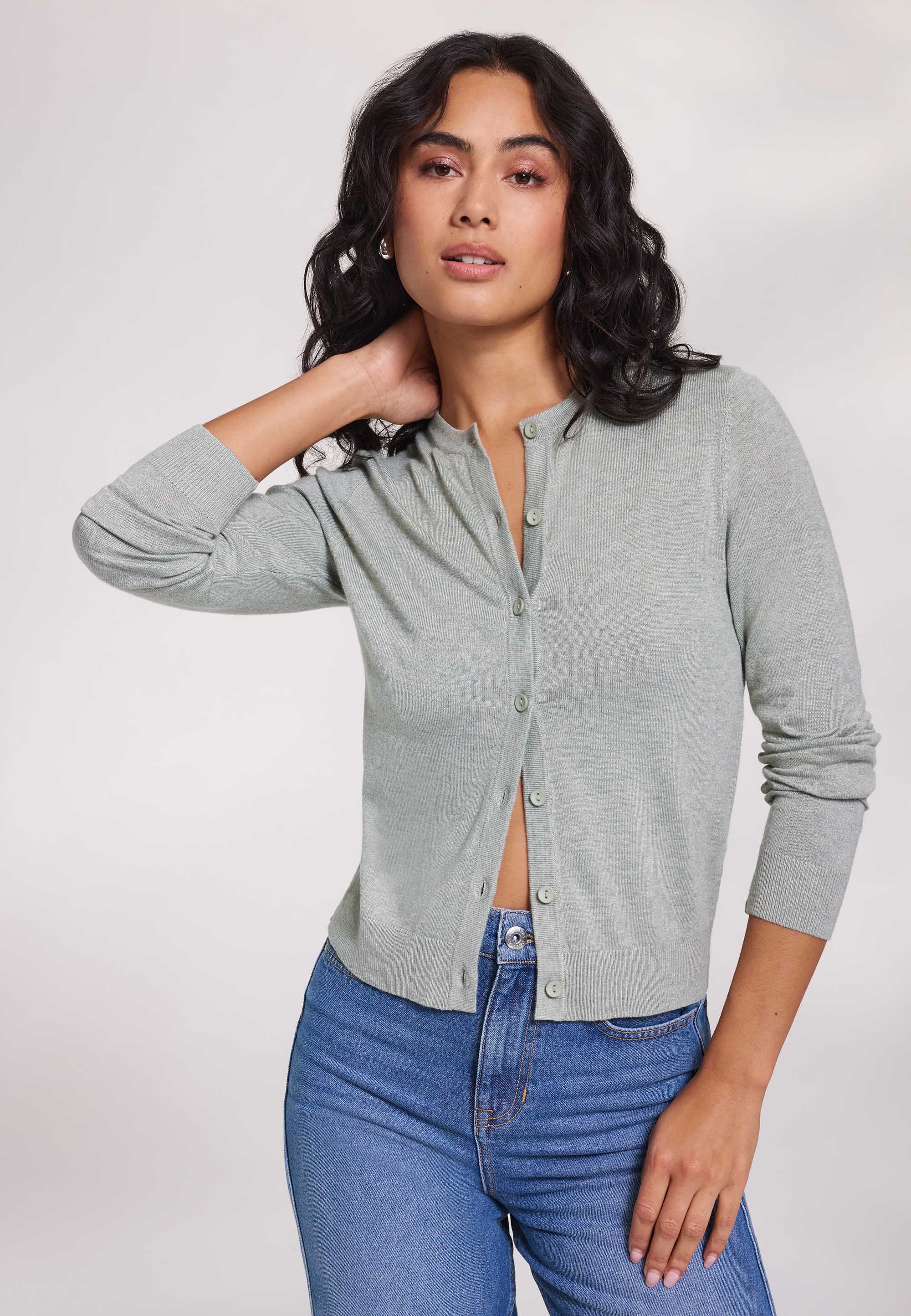 Womens Khaki Plain Crew Neck Cardigan