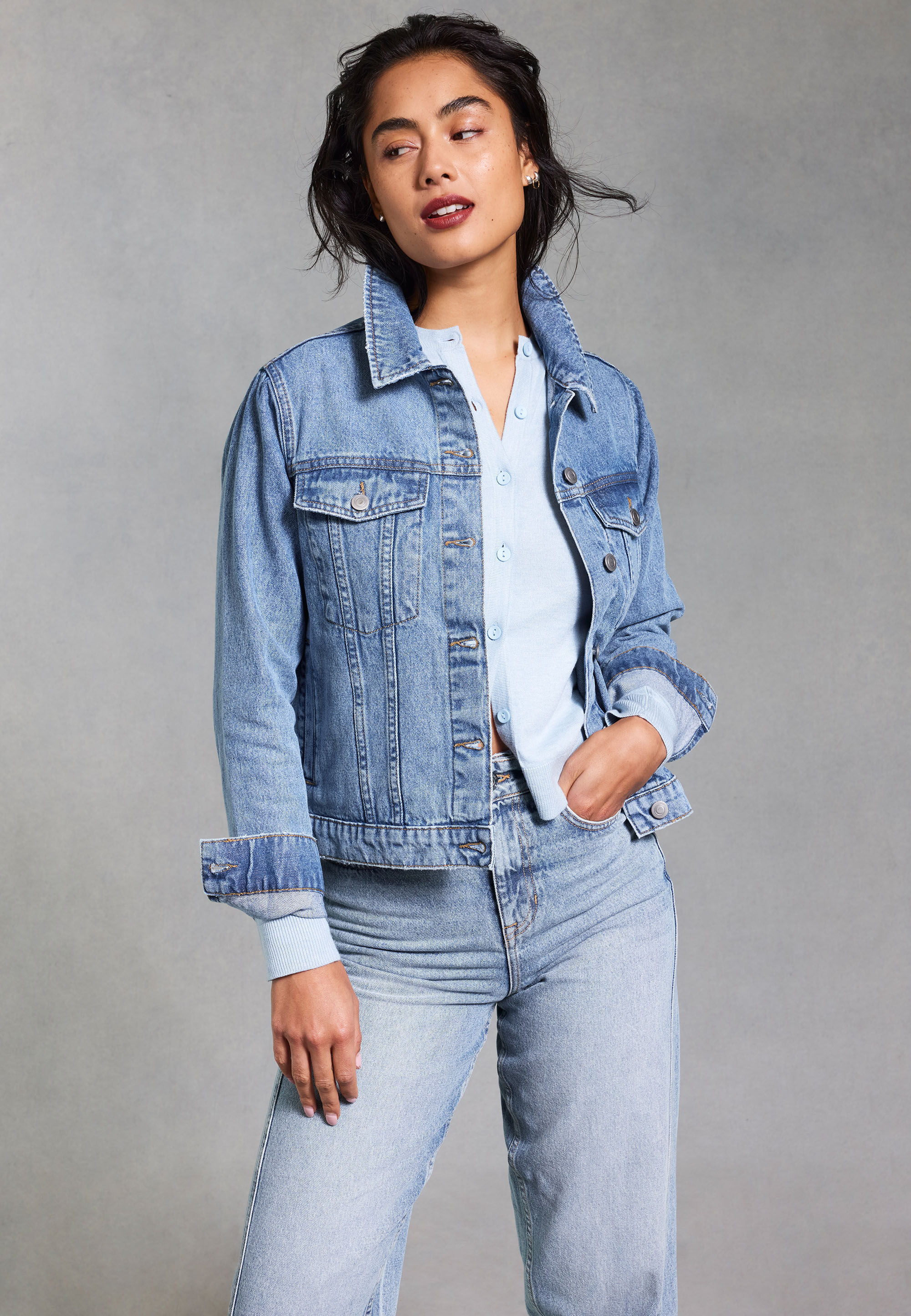 Womens Mid Blue Wash Plain Denim Jacket
