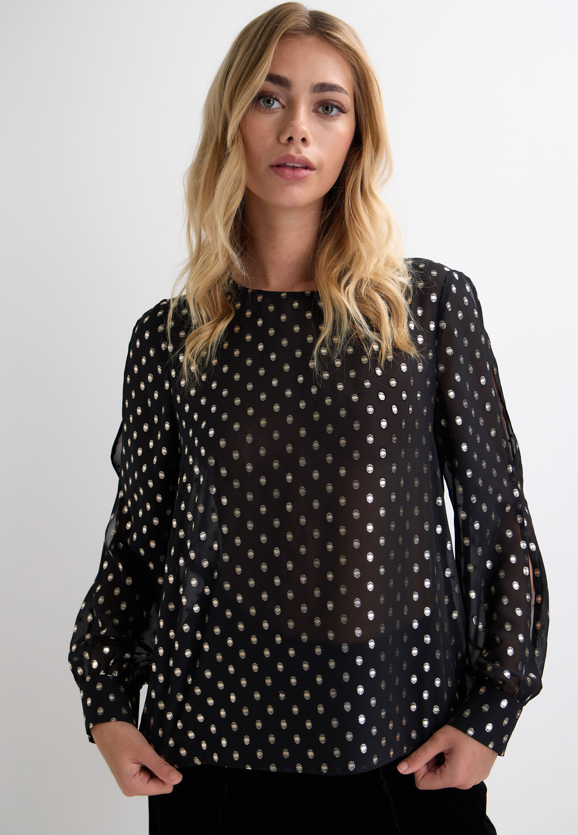 Womens Black & Gold Metallic Split Sleeve Blouse