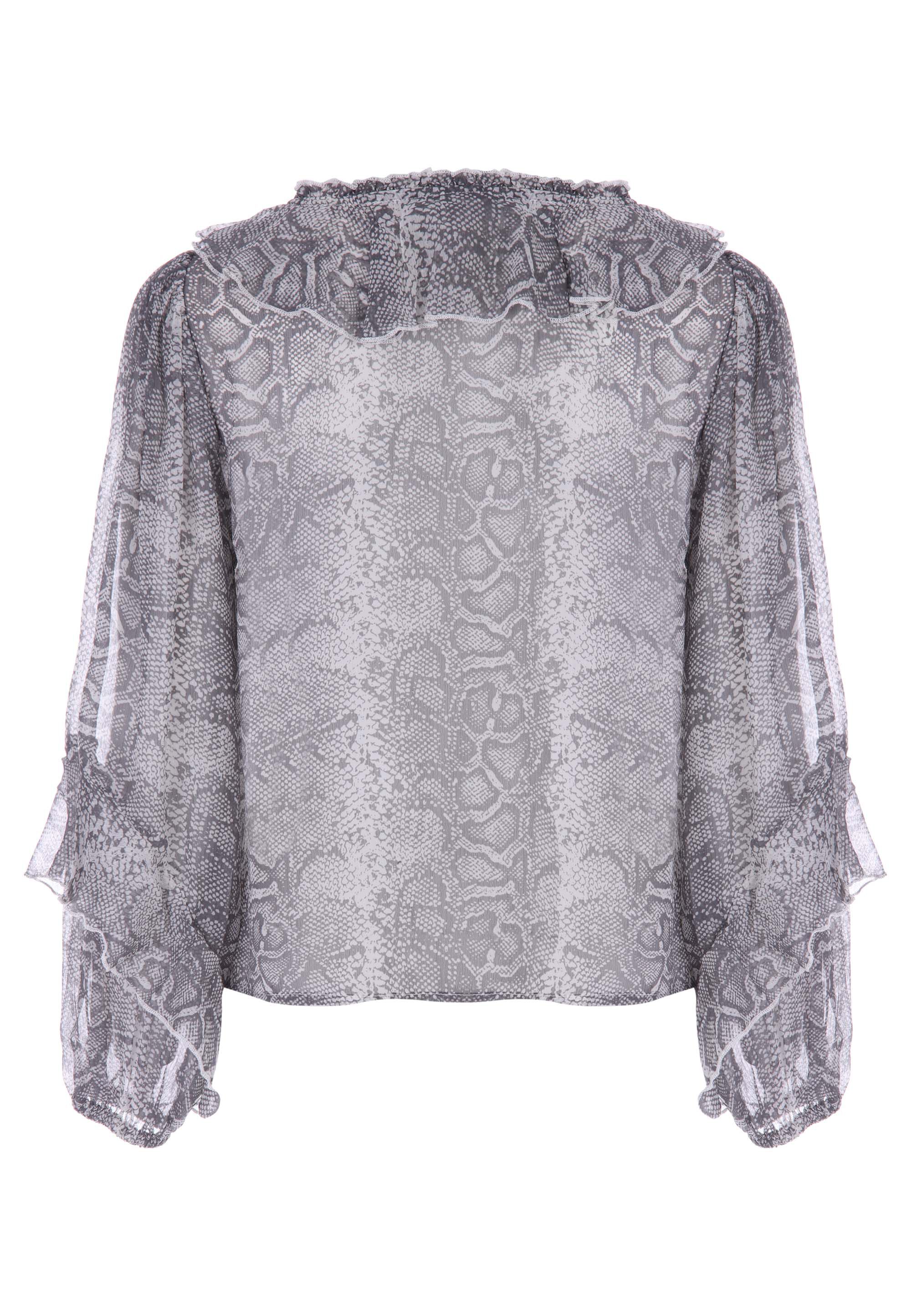 Womens Grey Snake Print Ruffle Blouse