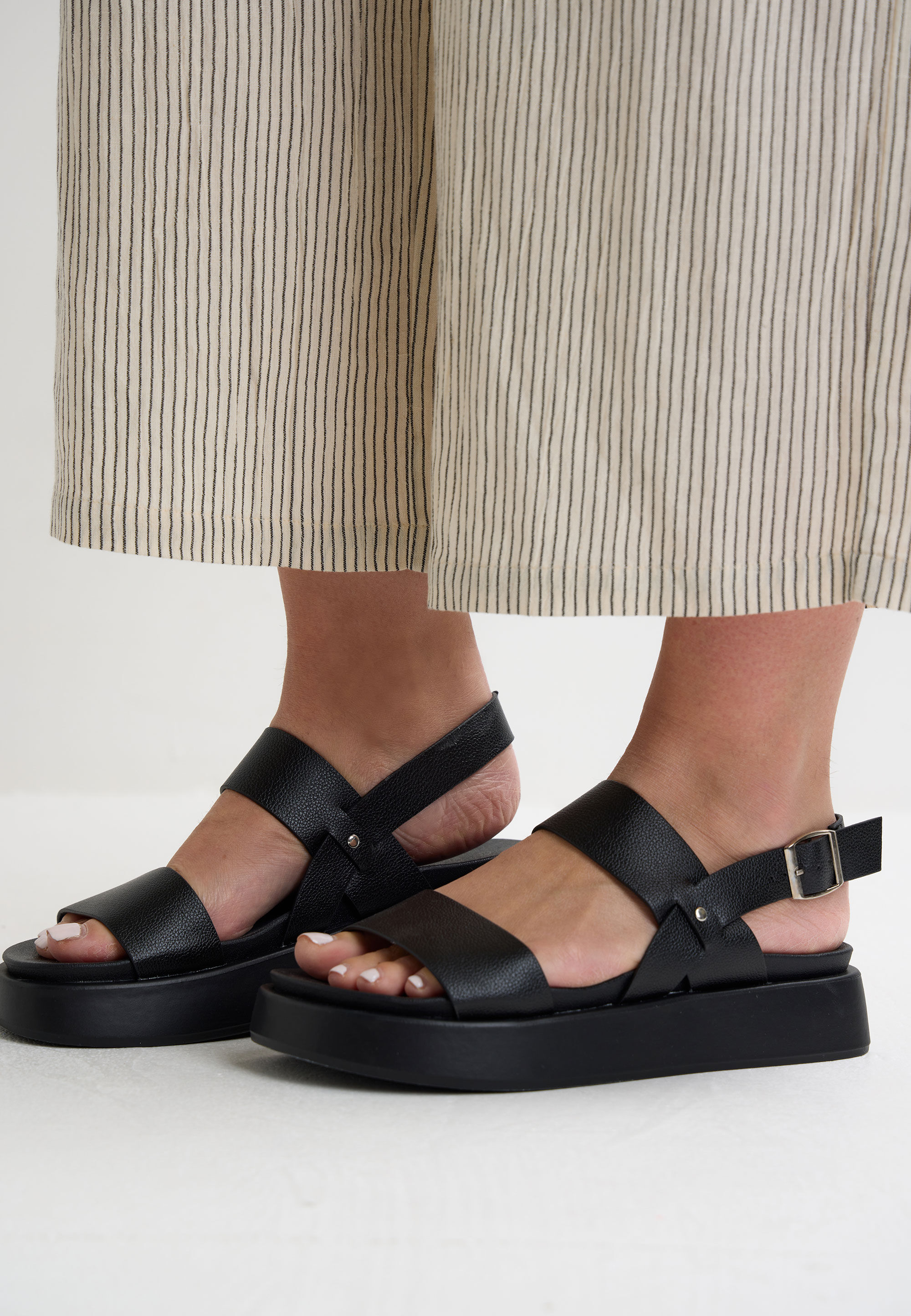 Womens Black Plain Chunky Two Strap Sandals